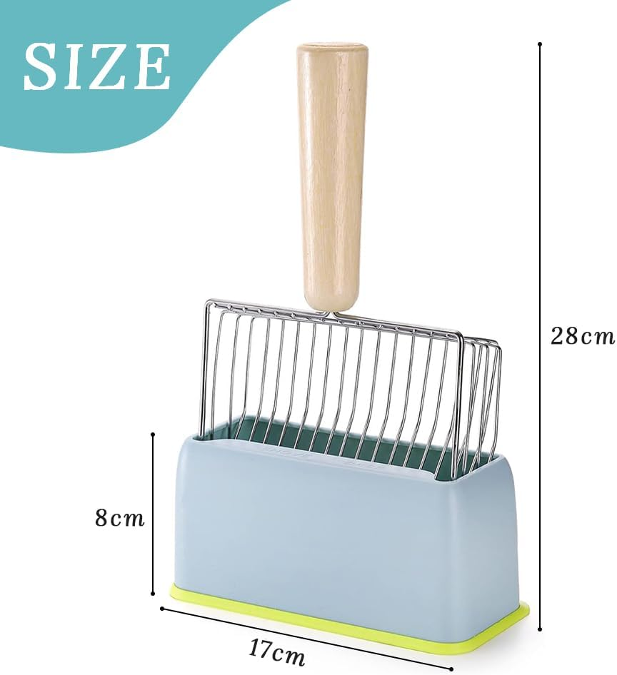 Two-Piece Metal Cat Litter Scoop (With Stand), Stainless Steel Cat Litter Scoop (With Wooden Handle), Cat Litter Box Special Cat Feces Scoop, Can Quickly Filter (Grey and Blue) image number 4