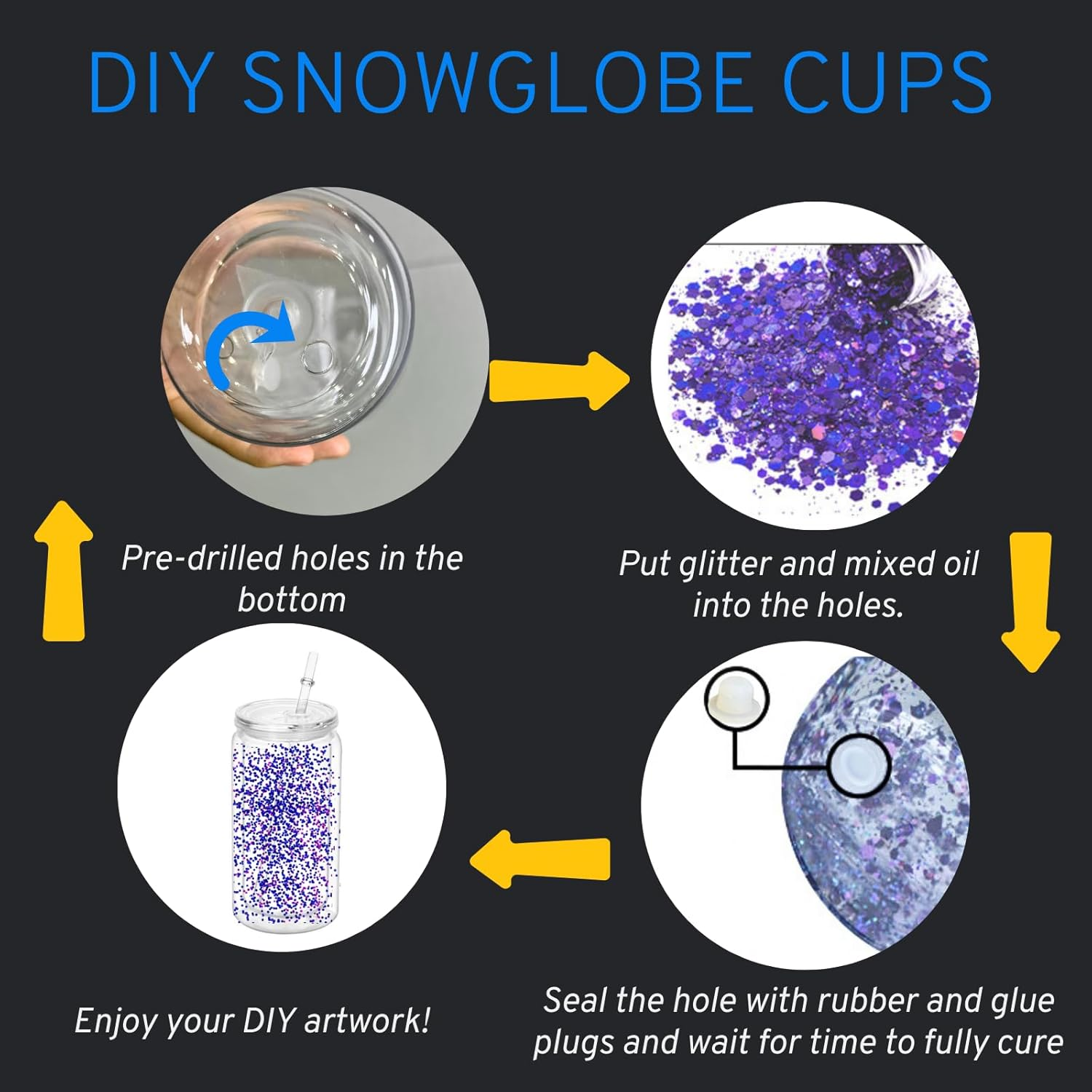 SUBCUB 6 Pack Plastic Snowglobe Tumbler 16Oz Pre-Drilled Double Wall Acrylic Clear Cup, Snow Globe Can Cups DIY with Lid and Straw, Mason Jars Iced Coffee Juice Juice Cups