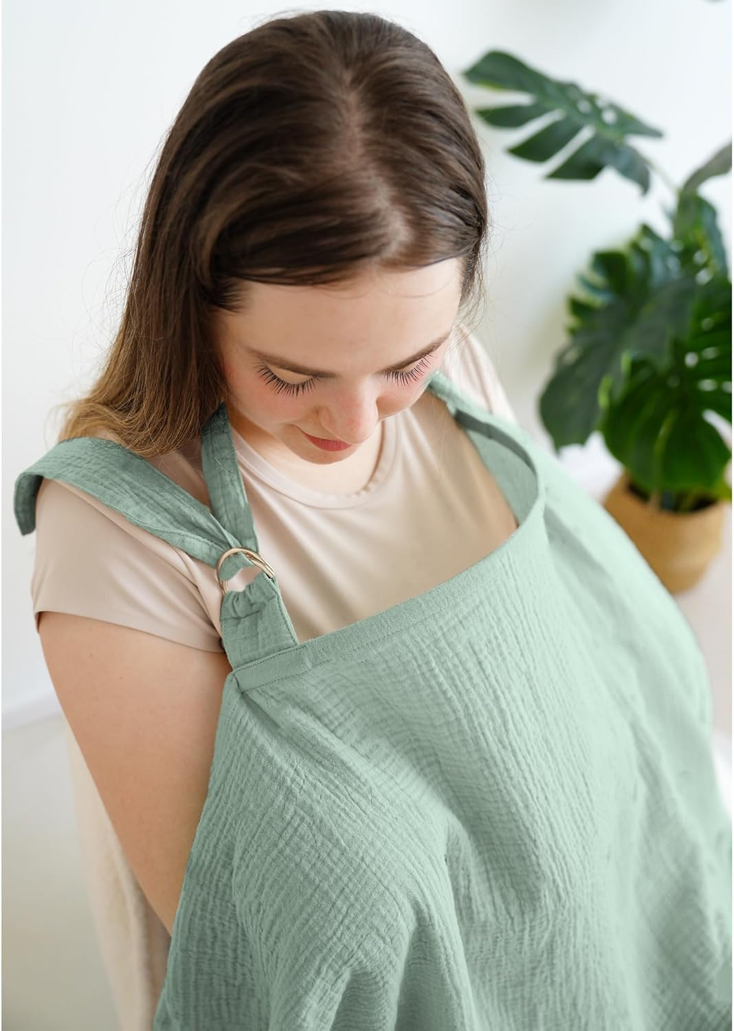 Qunlions Life Muslin Nursing Covers for Breastfeeding, Privacy Breast Feeding Cover with Arch Neckline for Mom and Baby, Breathable 100% Cotton Nursing Apron Multi-Use Stroller Cover (Green) image number 4