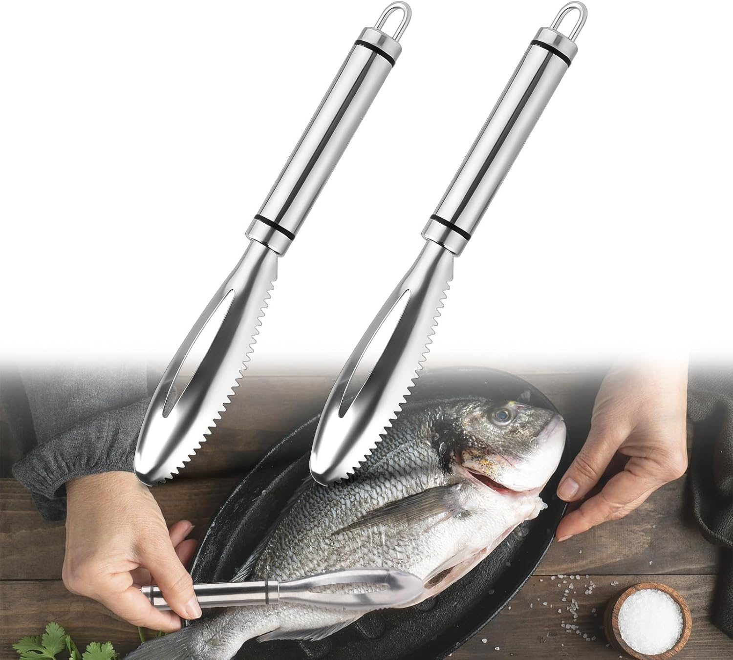 2Pcs Fish Scales Scraping Tool, 9.06X1.3In Multi-Functional Stainless Steel Fish Scaler Tool Fish Scale Knife Fish Descaler Tool Sawtooth Fish Scaler for Home Market Restaurant image number 2