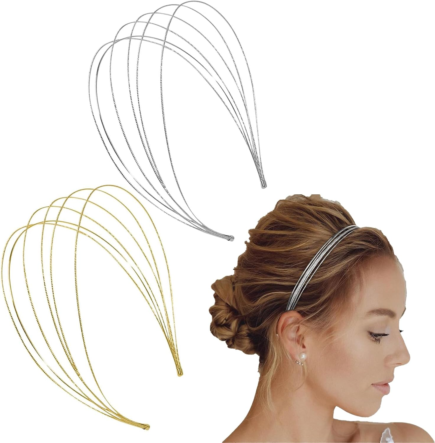 Ruzister 2 Pieces Multilayer Metal Headbands for Women Fashion Thin Headband Layered Elegant Hair Bands Headwear Hair Accessories for Girls image number 5