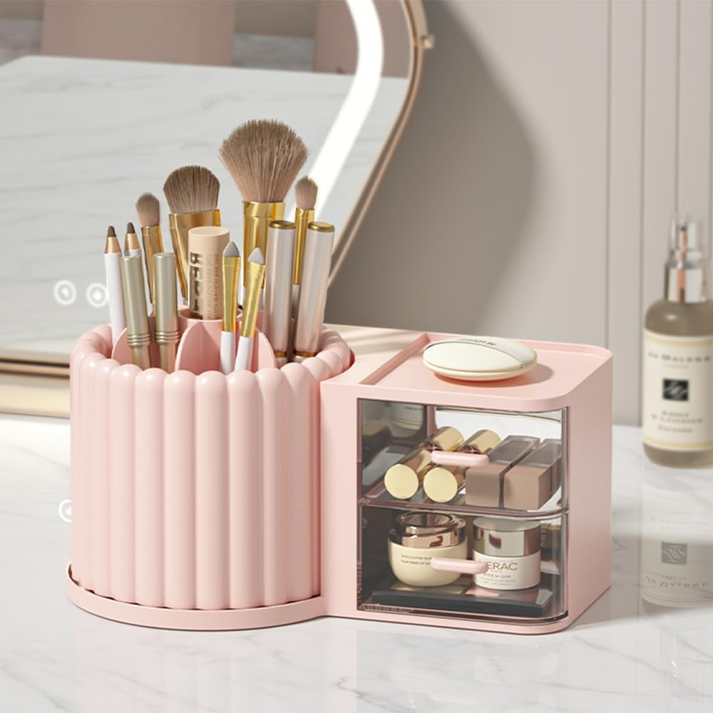 STORICANS 360 Rotating Makeup Brush Holder 7 Slots Makeup Brush Organiser with Drawer Removable Spinning Cosmetic Storage Pen Holder for Vanity, Dresser, Desk,Pink image number 3
