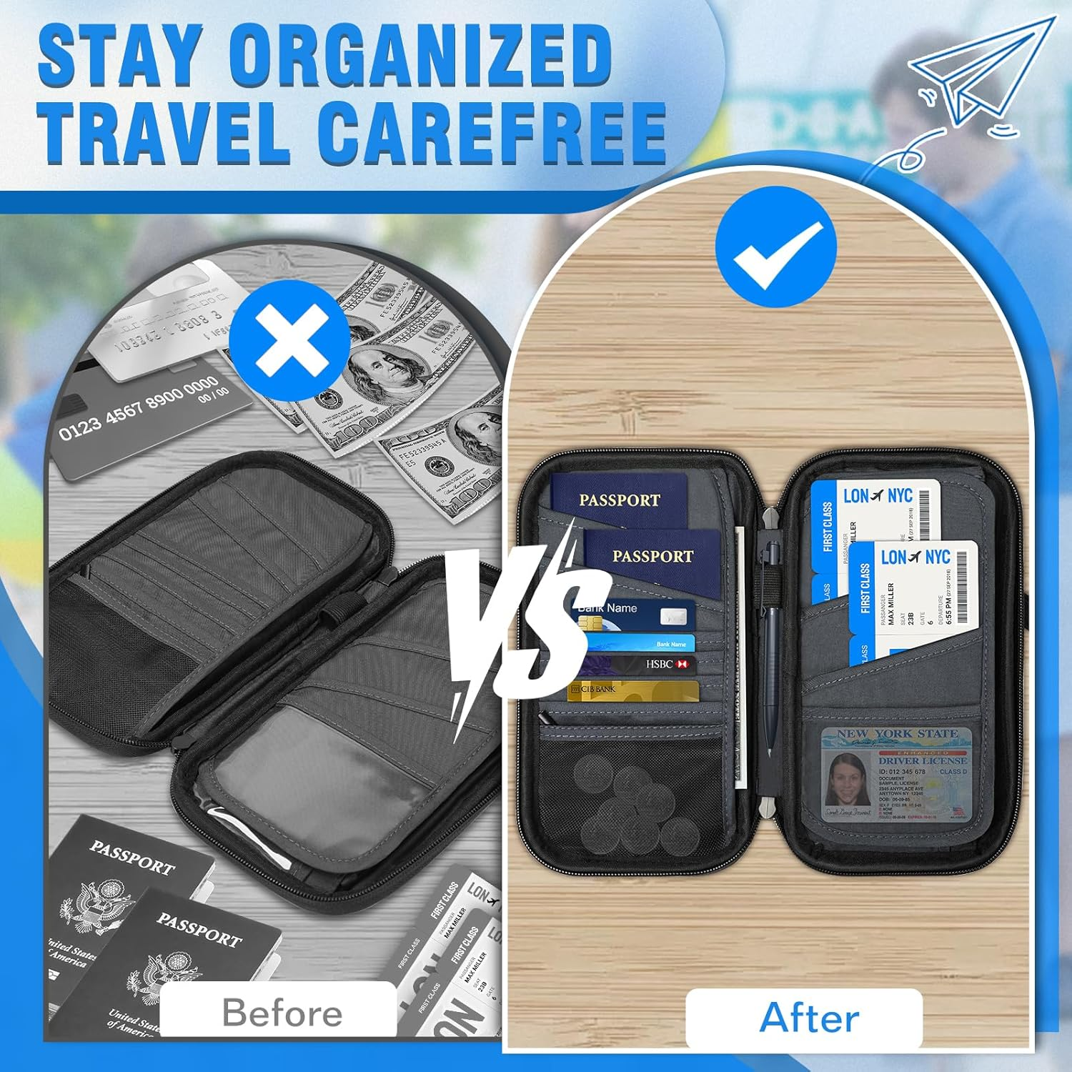 Milifox RFID Travel Passport Wallet, Family Passport Holder，Waterproof Large Capacity,Document Organiser for Cards, Flight Tickets, Wallet for Women Men image number 4