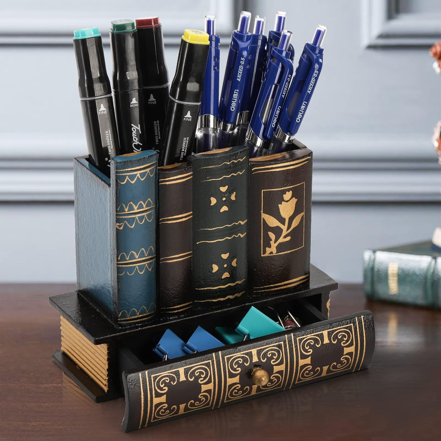 Tosnail Decorative Pen Holder with Storage Drawer, Wooden Pencil Holder Organizer, Antique Library Books Design Pen Cup Caddy, Desk Organizer for Office Supplies, Countertop, Desk, Table Accessory image number 3