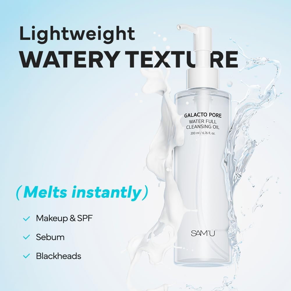 SAM'U Galacto Pore Water Full Cleansing Oil for Face, Korean Facial Cleanser & Makeup Remover with Galactomyces & Rice Bran Oil, Non-Comedogenic, All Skin Types, 200Ml