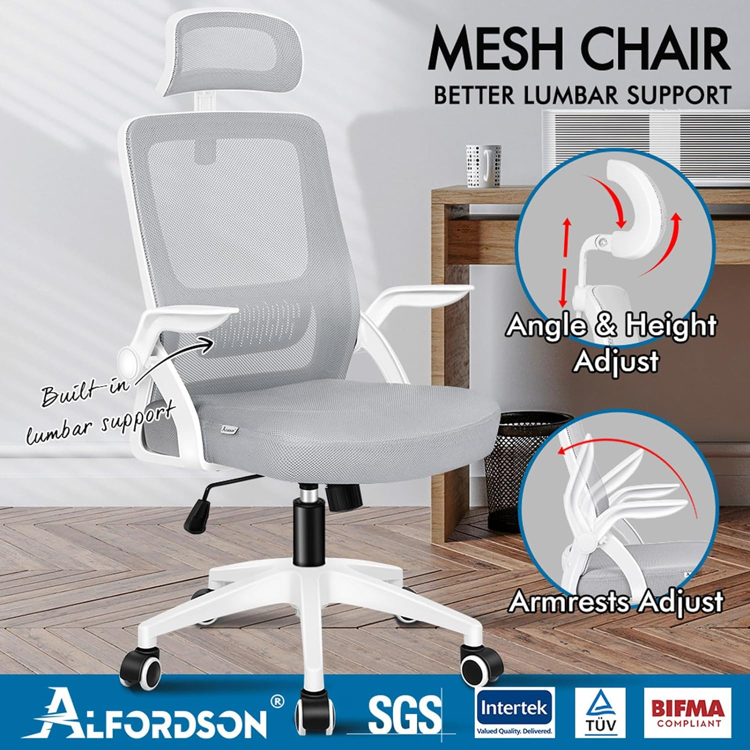 ALFORDSON Mesh Ergonomic Office Chair with Adjustable Headrest & Flip-Up Armrest, Tilting Executive Computer Desk Chair with SGS Listed Gas-Lift, Swivel Gaming Chair(Arco White Grey)