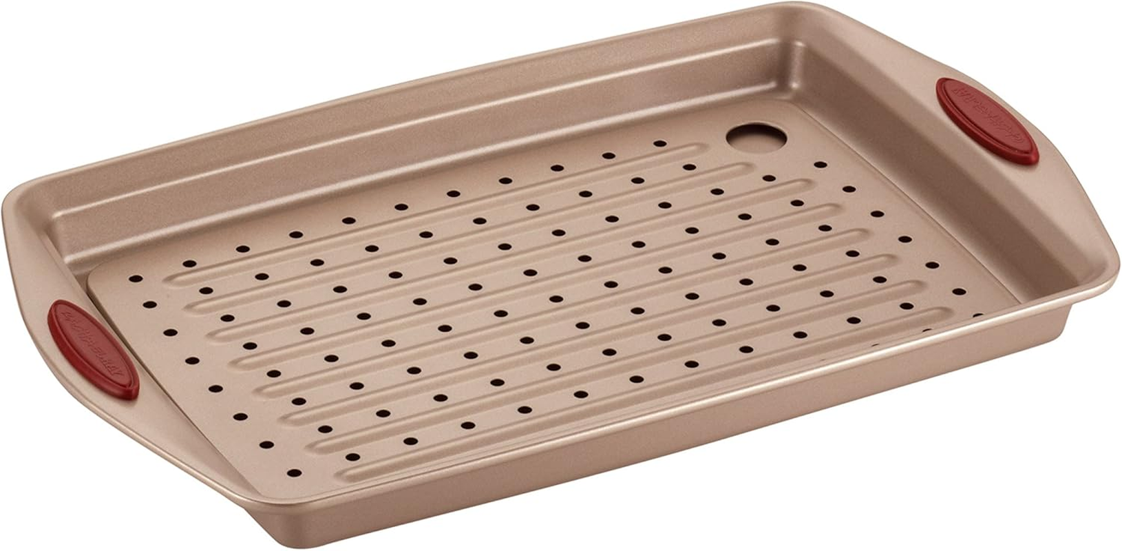 Rachael Ray 2 Piece Cucina Nonstick Bakeware Crisper Pan Set, Latte Brown with Cranberry Red Handle Grips