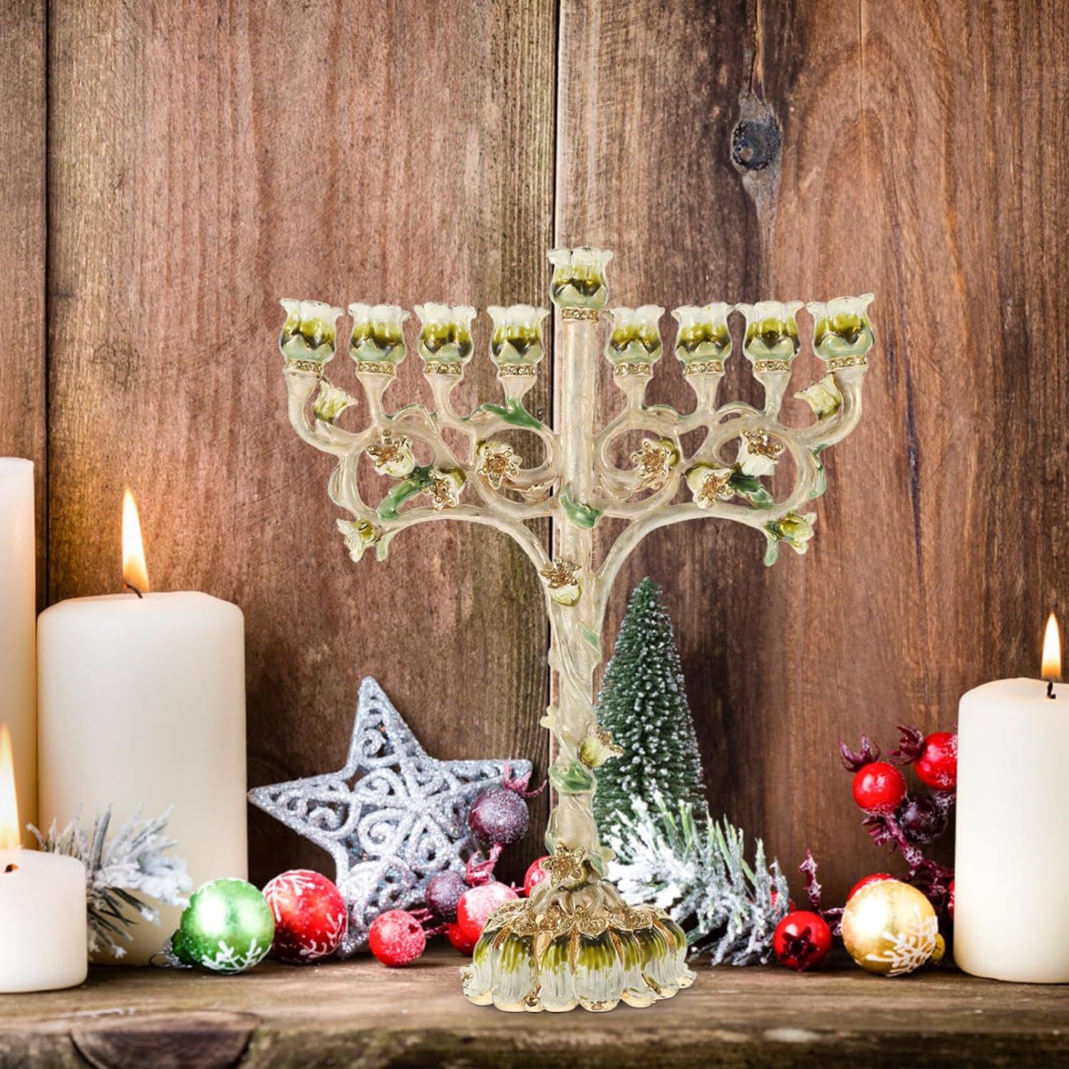 Hanukkah Menorah, Tree of Life Menorah 9-Branch Menorah Candle Holder Nine Branches Jerusalem Pillar Candle Stands Candlestick Table Centerpiece for Temple 22Cm image number 1