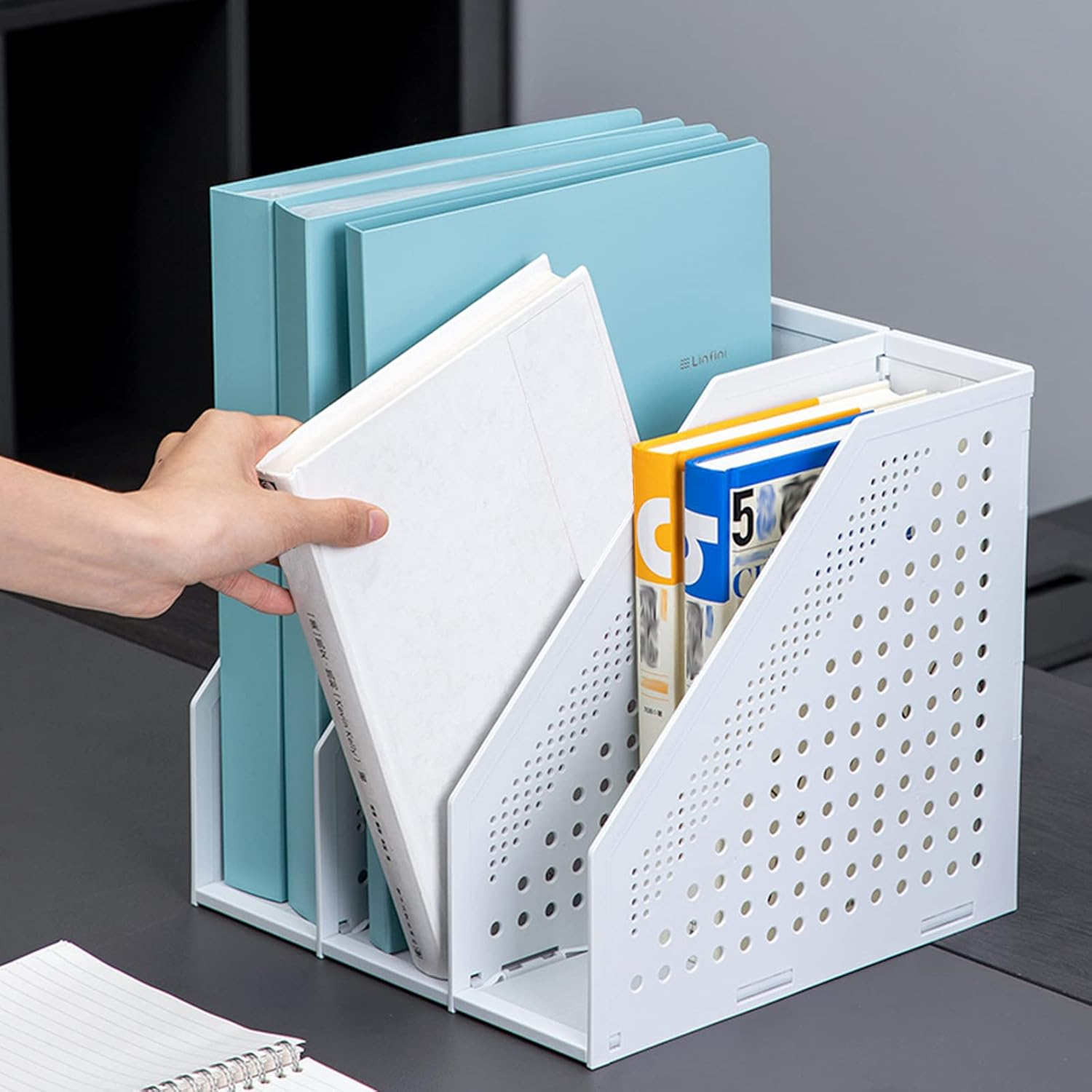 SAYEEC Collapsible Plastic Magazine File Holder Vertical Binder Storage Organizer for Desk Sturdy Upright Desktop Magazine Organizer Folder Rack for Office School Home (2, 2Pcs Gray (3 Compartments)) image number 5