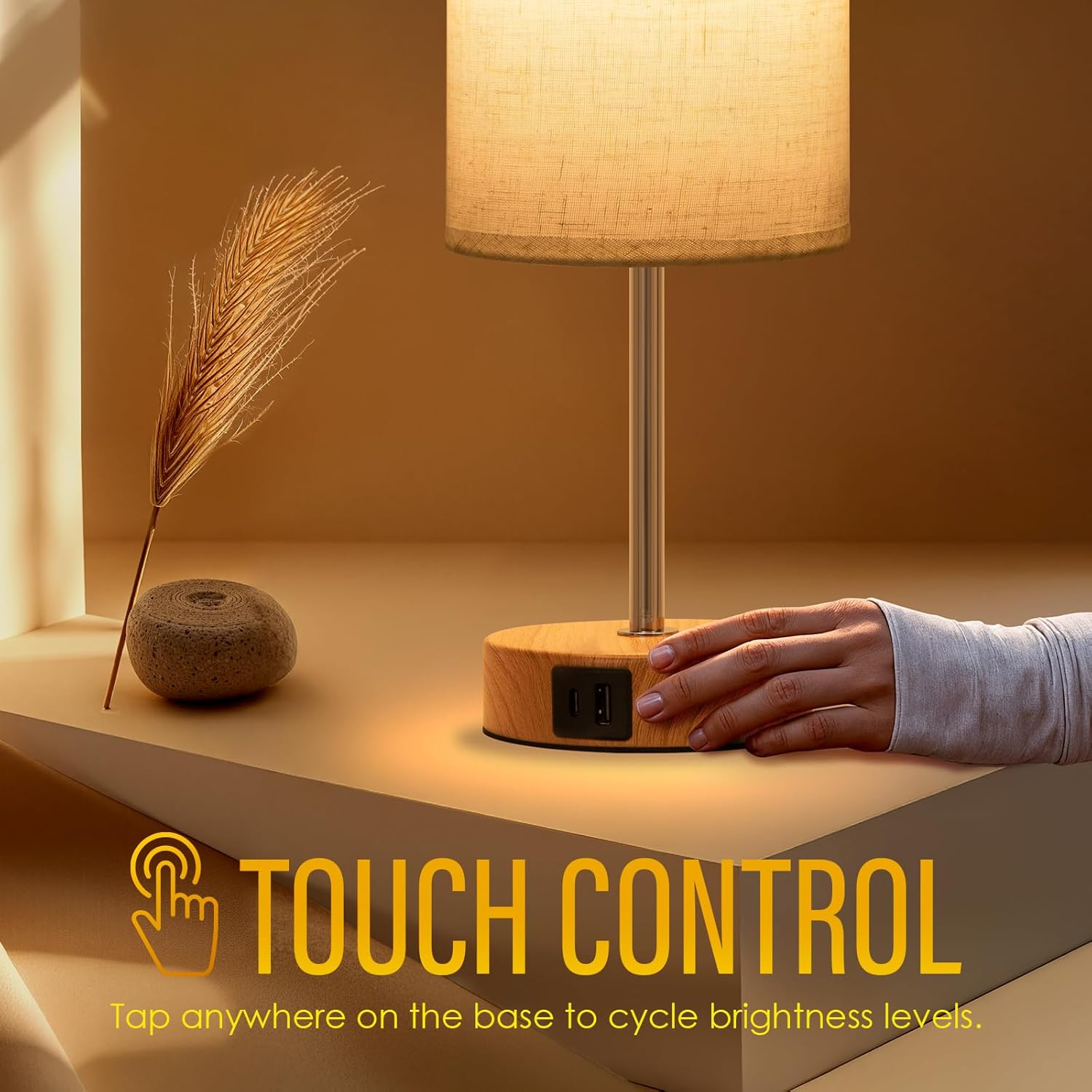 Erumpere Bedside Lamp with USB A+C Port Set of 2 - Touch Control Table Lamp for Bedroom 3 Way Dimmable Nightstand Lamp with Linen Fabric Shade for Living Room, Dorm, Home Office (LED Bulb Included) image number 1