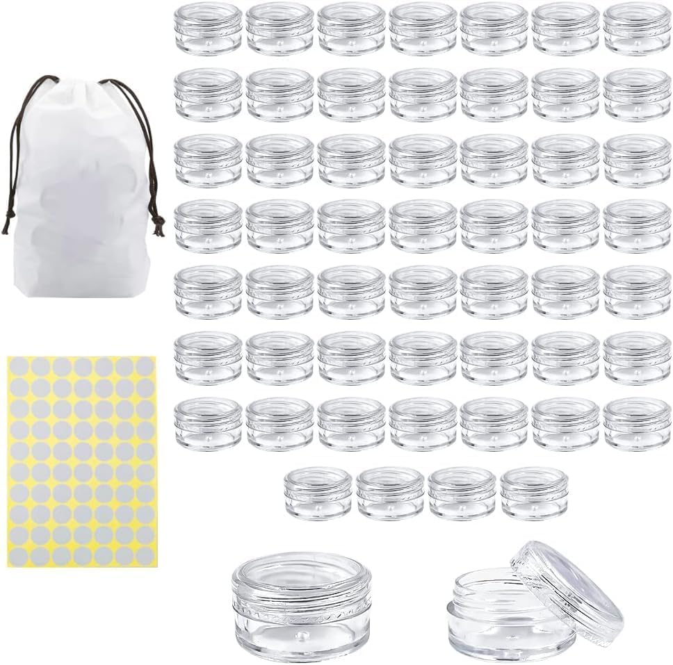 55Pcs 5 Grams Sample Containers with Lids and Labels, Small Little Mini Tiny Containers, Clear Acrylic Plastic Sample Jars for Cosmetic, Creams, Makeup, Nails, 5G/5Ml Round image number 2