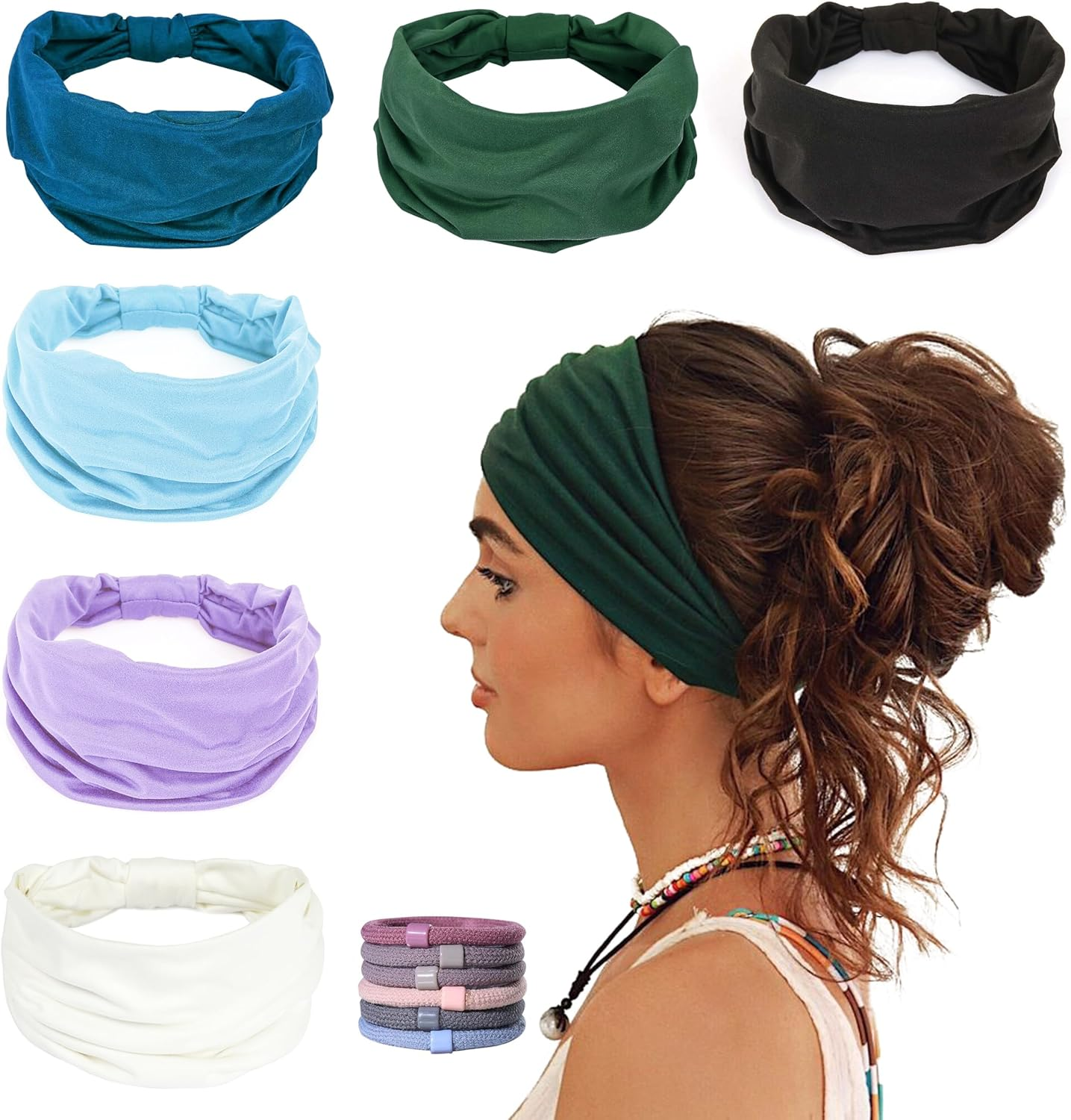 Gili 2 Pack Wide Headbands for Women Boho African Knotted Non Slip Fashion Hair Bands Yoga Running Sports Workout Gym Head Wraps Elastic Soft Cotton Cloth Turbans Bandana for Girls (Dark Green, Teal)