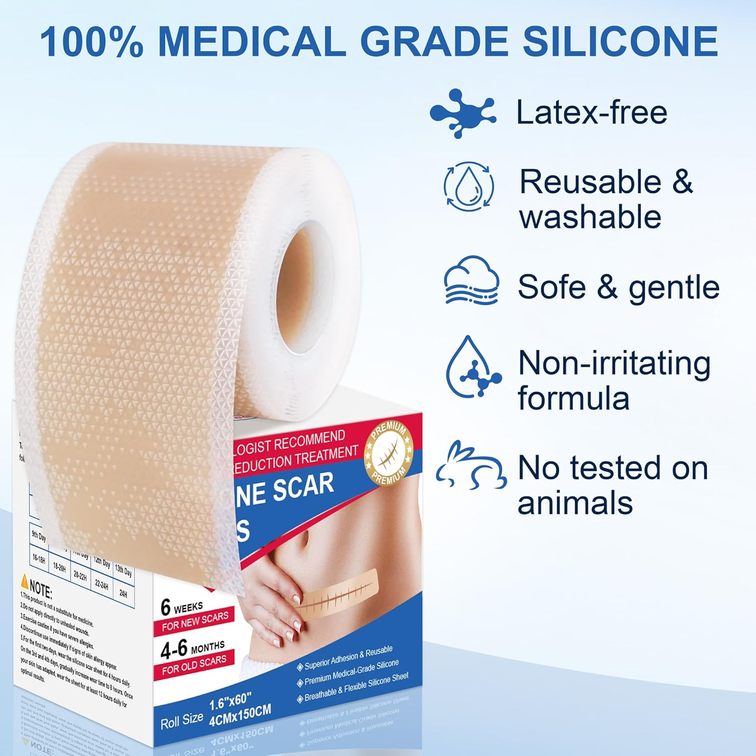 Silicone Scar Sheets - Silicone Scar Tape (1.6"X 60" Roll-150Cm) for Surgical Scars, C-Section, Keloid Scars, Hypertrophic Scars | Reusable Scar Strips image number 4