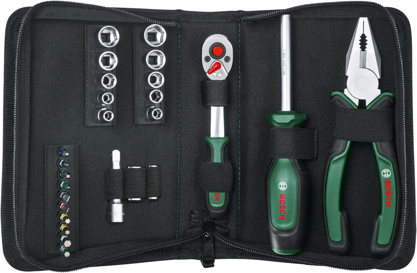 Bosch Home & Garden Mobility Hand Tool Set 26-Piece (Compact and Portable Tool Kit for DIY Tasks; Optimal Choice on the Road; 1/4" Ratchet; Combination Pliers; Universal Screwdriver; in Fabric Bag) image number 4