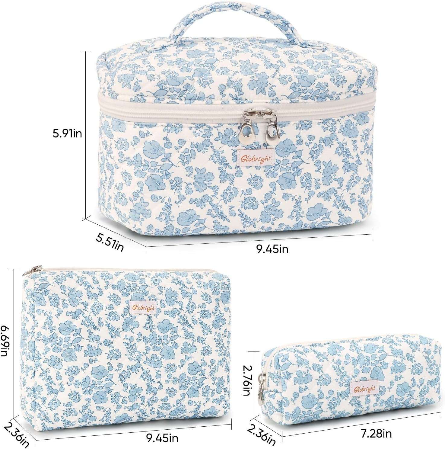 Globright 3 Pieces Makeup Bag Large Checkered Cosmetic Bag, Cotton Make up Bag Travel Toiletry Bag for Mom Girlfriend Wife Women, Floral, Morden image number 5