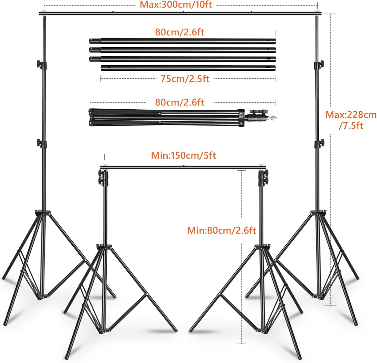 MSKIRA Photo Backdrop Stand 7.5X10Ft Adjustable Background Stand Support System Kit with 6 Spring Clamp, 2 Sandbag & Backdrop Clips for Photoshoot, Portrait, Studio Photography, Parties, Wedding image number 3