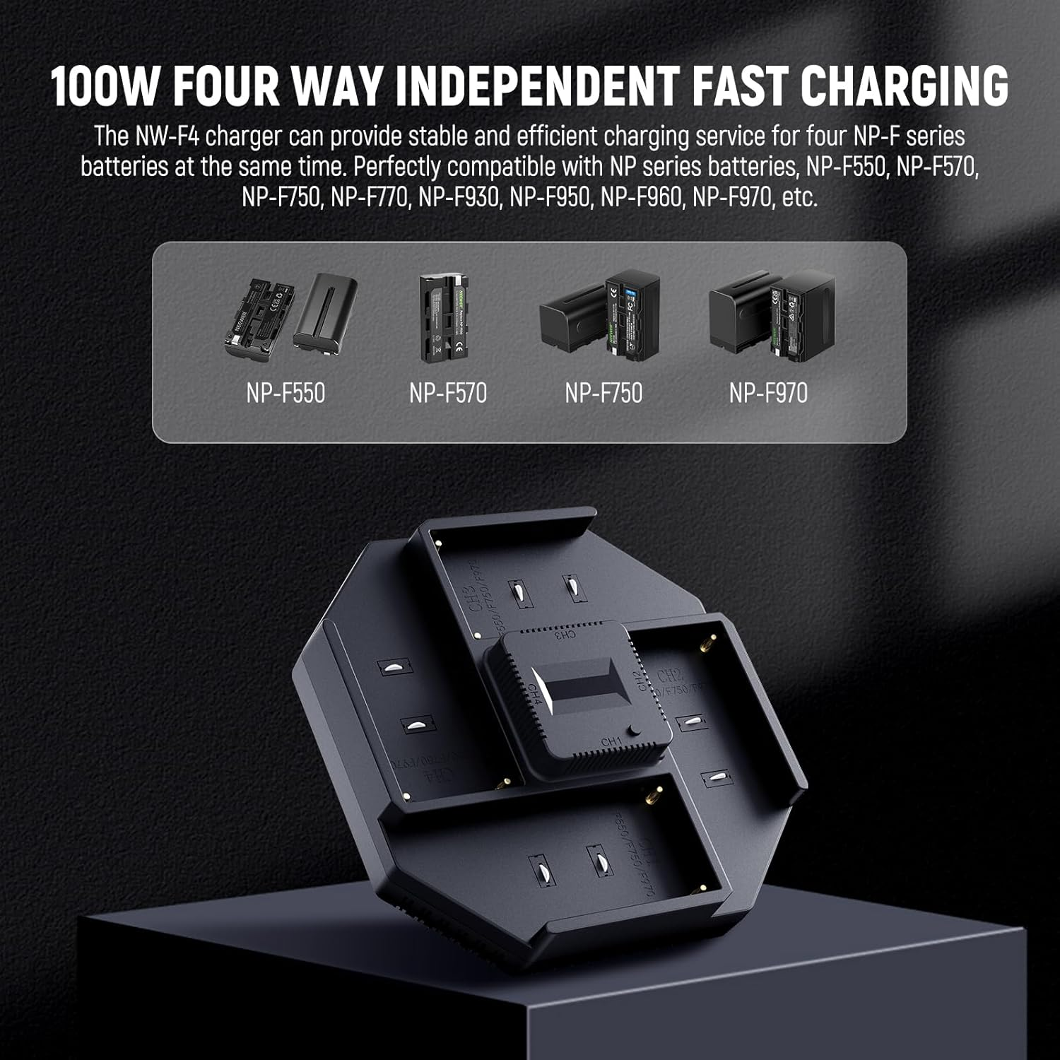 NEEWER NP-F970 4 Channel Charger for NP-F550 NP-F750 Camcorder Camera Battery, 100W PD Fast Charging NPF Battery Charger with OLED Display & 100W USB C to USB C Fast Charging Cable, NW-F4 image number 1
