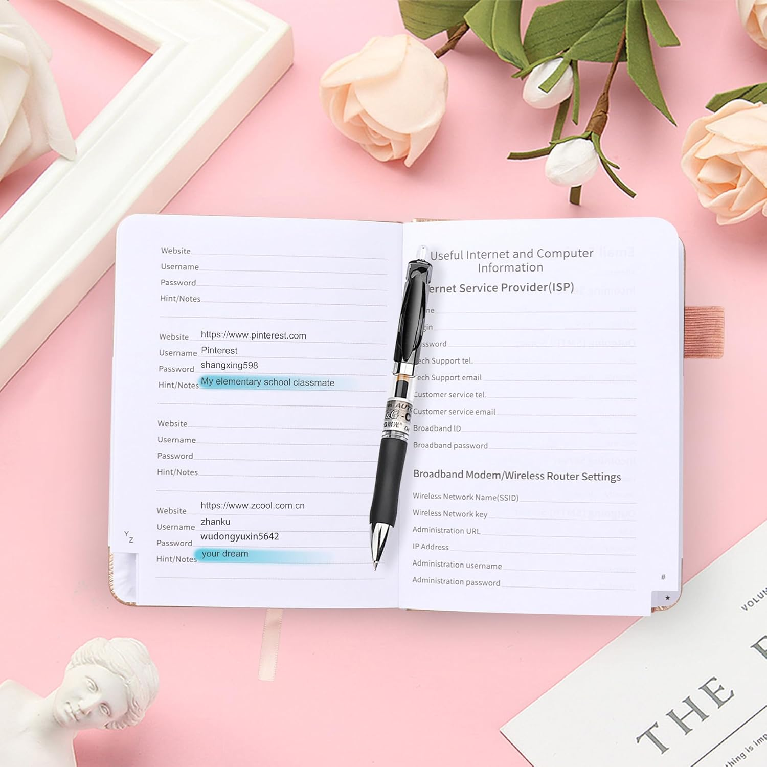 JUNART A6 Password Book,Internet Password Log Book with Alphabetical Tabs, Hardcover Address Book with Elastic Pen Loop(Green) - Black image number 4