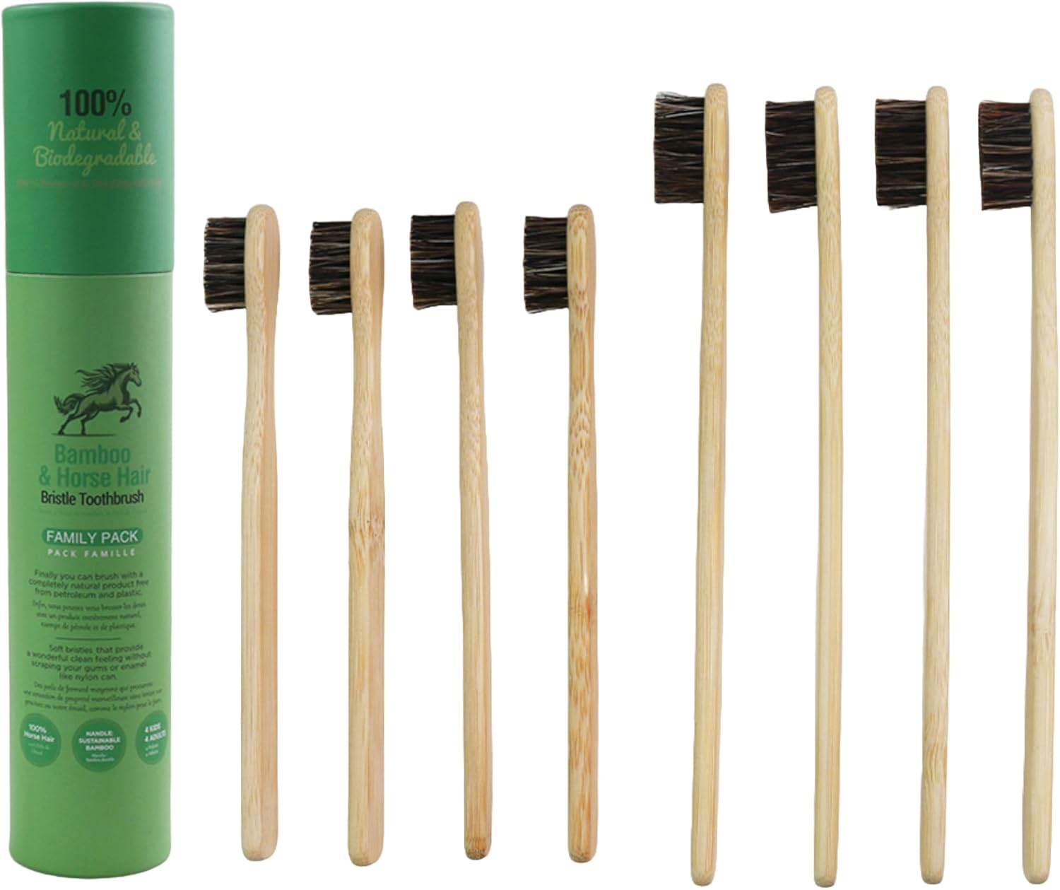 Gaia Guy Natural Bristle Bamboo Toothbrush Family Pack (NO Nylon - Horsehair ONLY) - Totally Compostable & Biodegradable Horse Hair Bristle and Bamboo Toothbrushes - Zero Waste - 4 Kids and 4 Adults image number 1