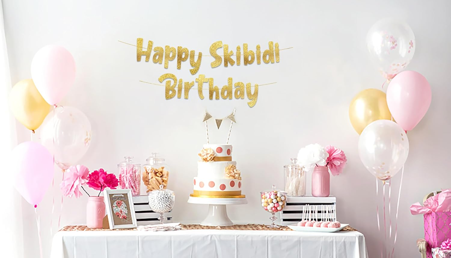 Happy Skibidi Birthday Gold Glitter Banner - Gen Z Slag - Funny Zoomer Birthday Decorations, Favors, Supplies, Ideas and Gifts image number 3