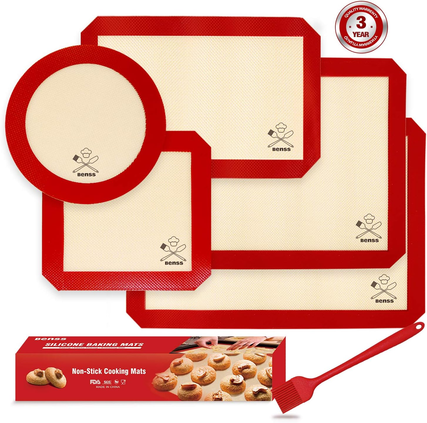 5Pcs Silicone Baking Mats, 2 Half Sheets Mats + 1 Quarter Sheet Liner + 1 round & 1 Square Cake Pan Mat - 100% Food Grade Non-Stick & Silicone Brush, for Baking Cake Cookie image number 6