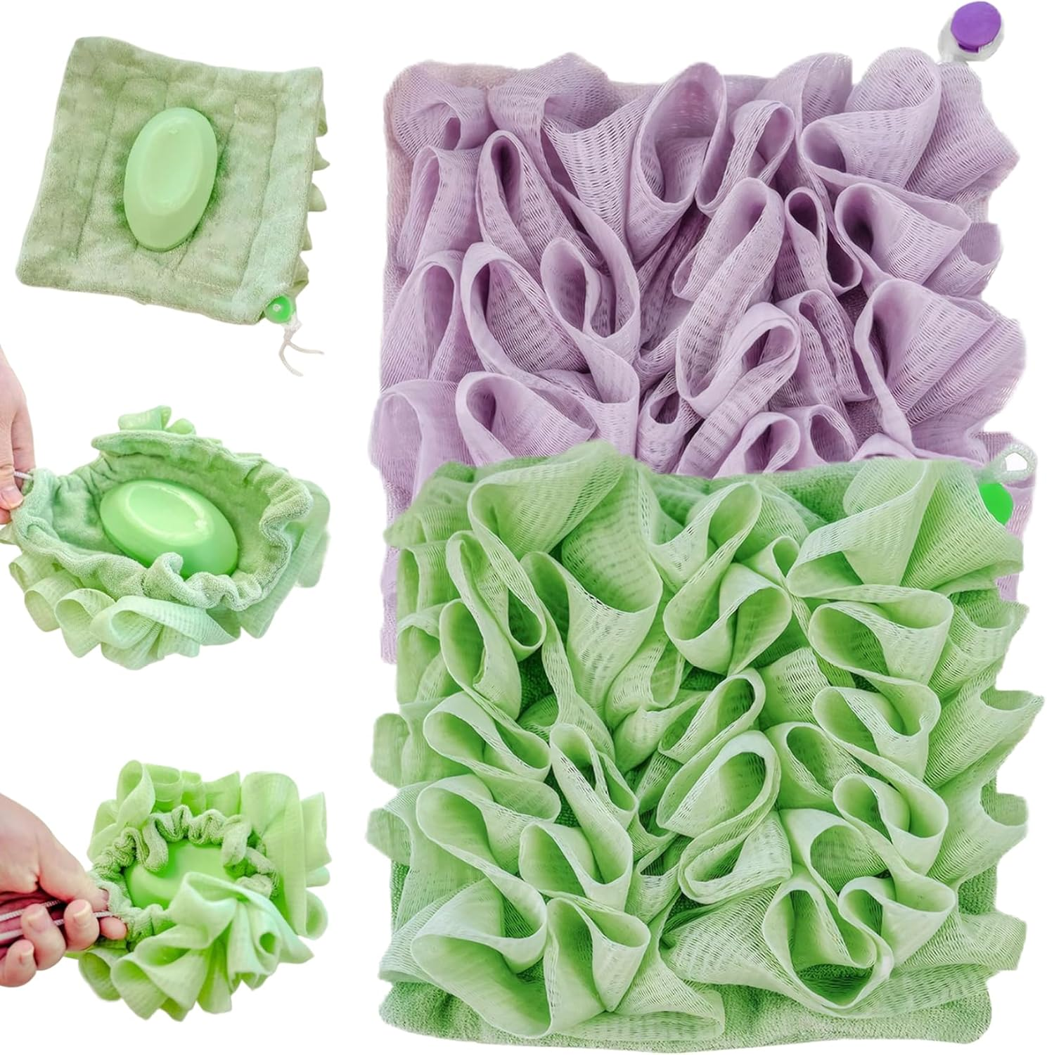 2 in 1 Loofah 2PCS Fine Mesh Shower Loofah and Soap Storage Washcloth Bath Sponge with Drawstring Portable Hanging Body Scrubbe for Exfoliating image number 1
