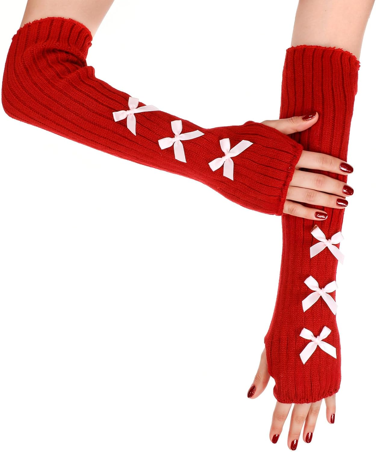 APLZGMG Knitted Arm Warmers, Long-Sleeve Gloves, Y2K Accessories with Bow, Harajuku Lolita Fingerless Mittens for Women Girl