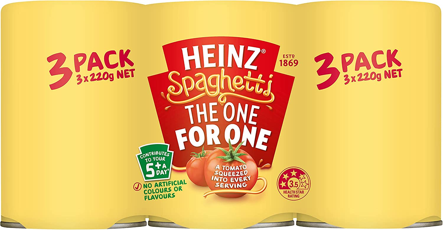 Heinz Spaghetti the One for One Multipack Canned Pasta in Tomato Sauce Ready to Eat Family Multipack Tinned Spaghetti in Tomato Sauce 220G (Pack of 3) image number 1