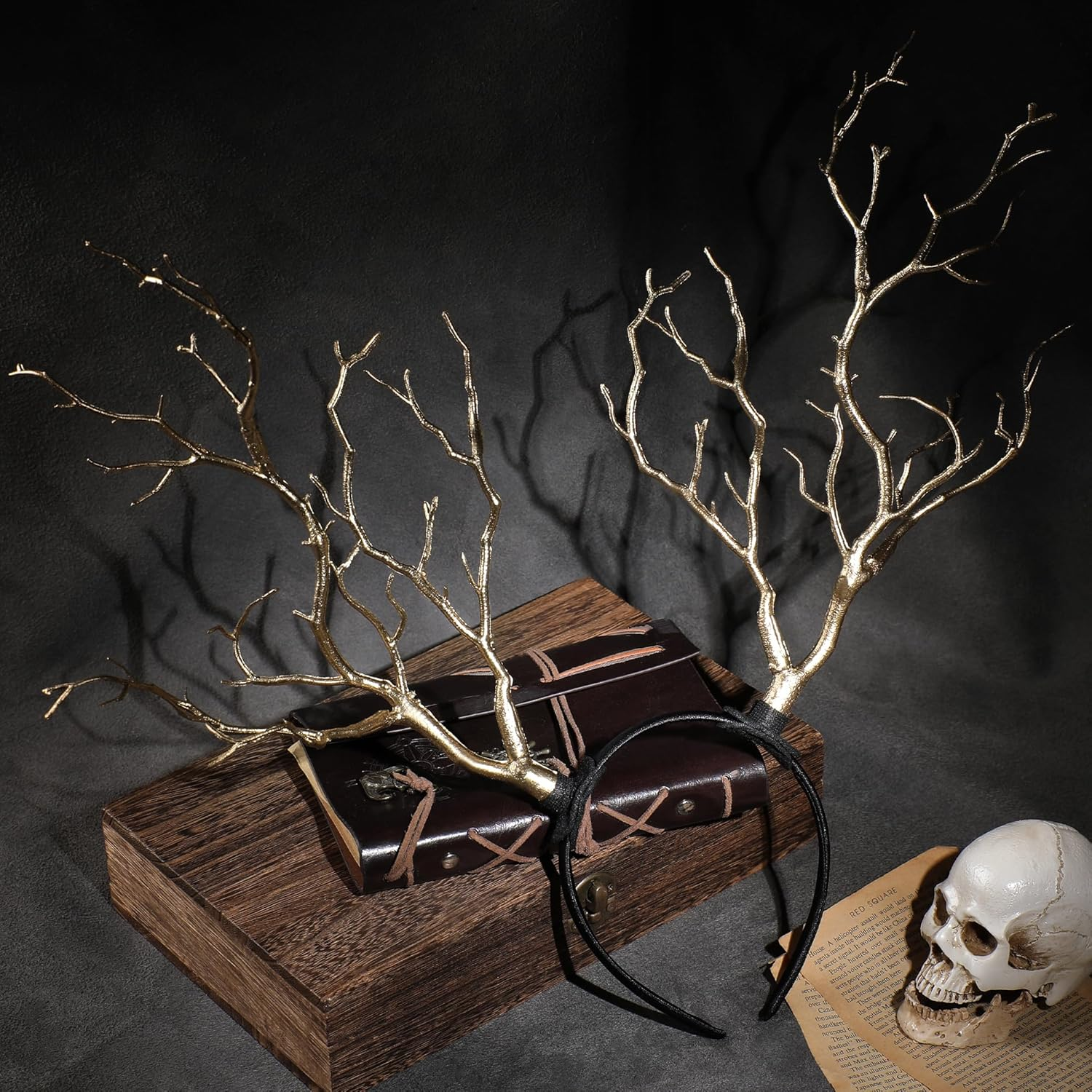 MOSTORY Tree Branch Antler Headdress - Golden Woodland Fairy Costume Large Forest Branch Headband for Renaissance Halloween Cosplay Photo Shooting Renfaire Accessories image number 1