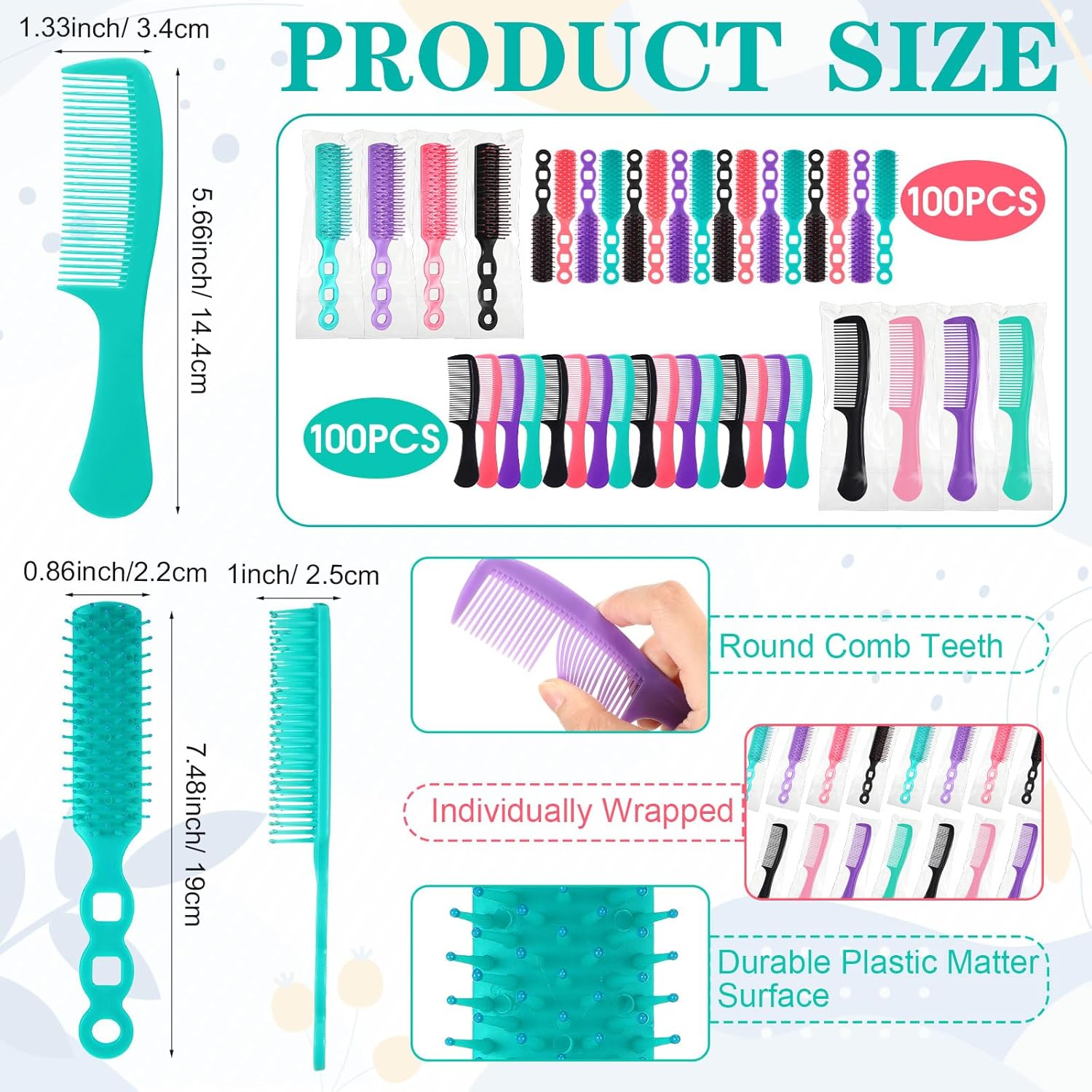 Baderke 200 Pcs Hair Brushes & Combs Set - Nylon Bristles & Plastic Handles - Suitable for Curly Hair - Women, Men & Shelter Use - Multicolor image number 3