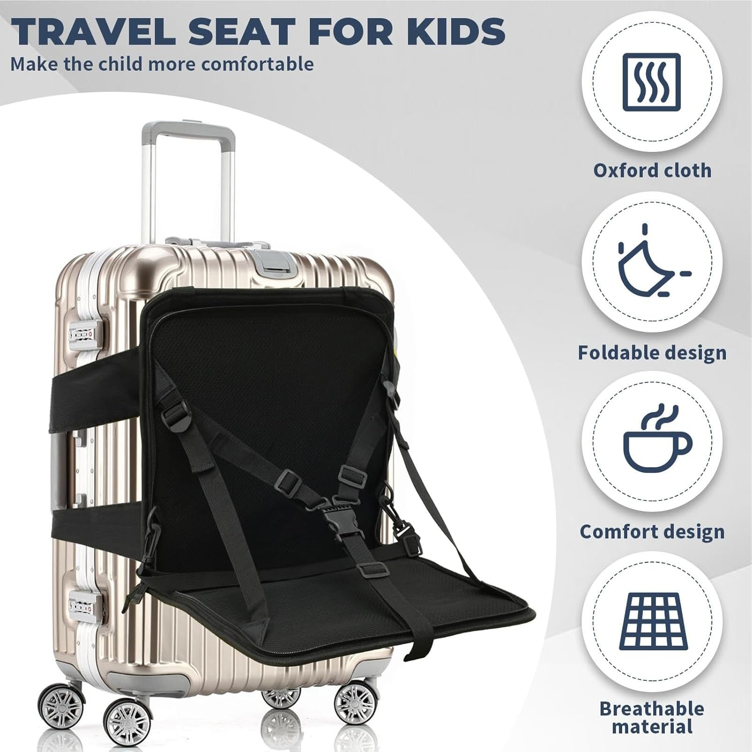 Carry Luggage Seat for Kids - Foldable Adjustable Luggage Seat | Kids Travel Suitcase Seat, Carry Luggage Seat with Safety Belt, Black Luggage Seat for Travel, Vacation image number 6