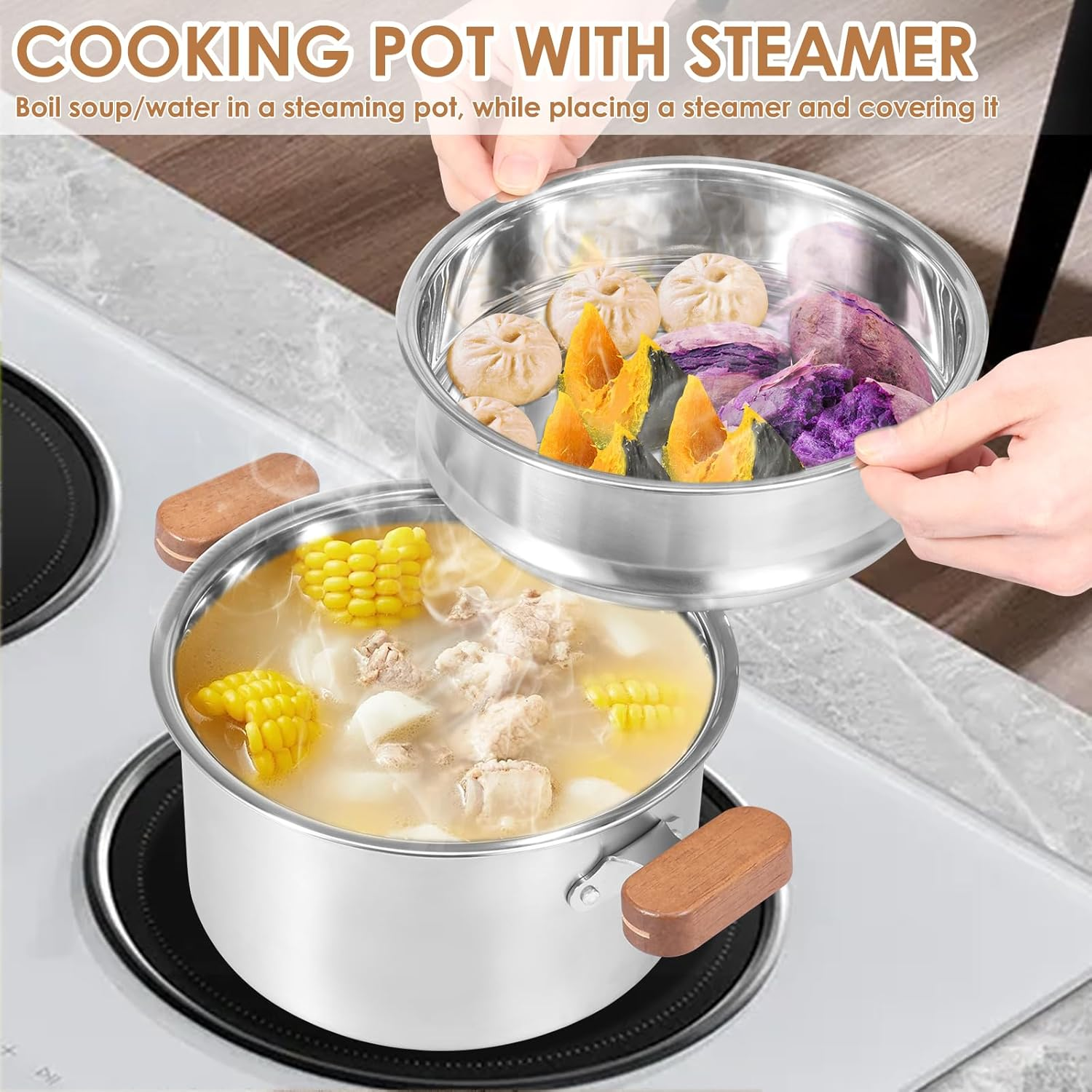 Awobepl Stainless Steel Steamer Pot Set 2.5L with Insert & Basket for Gas, Induction Cooktop & Electric Stove | for Veggies, Dumplings, Seafood, Kitchen Cooking Set image number 1