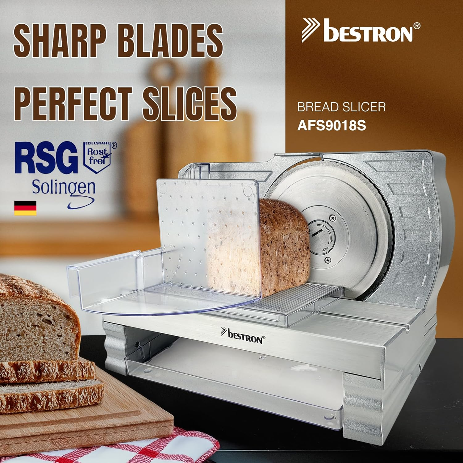 Bestron Bread Slicer with Stainless Steel RSG Blade, Made in Germany, Continuous Cutting Thickness Adjustment from 0 to 20 Mm, Cutter with Shift Button for Automatic and Manual Operation, image number 6