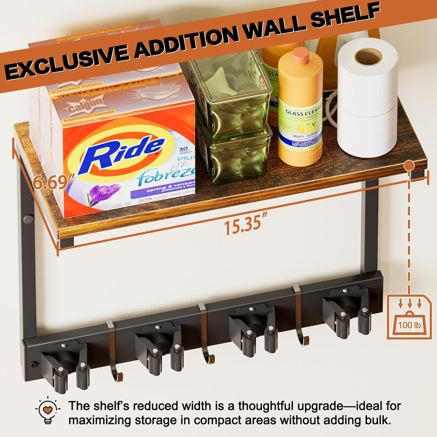 Broom Holder Wall Mount with Cleaning Supplies Organizer, Laundry Room Organization and Storage Shelves, Mop Hanger Broom Rack with Hooks, Home Improvement Kitchen Shelf Garage Organizer image number 4