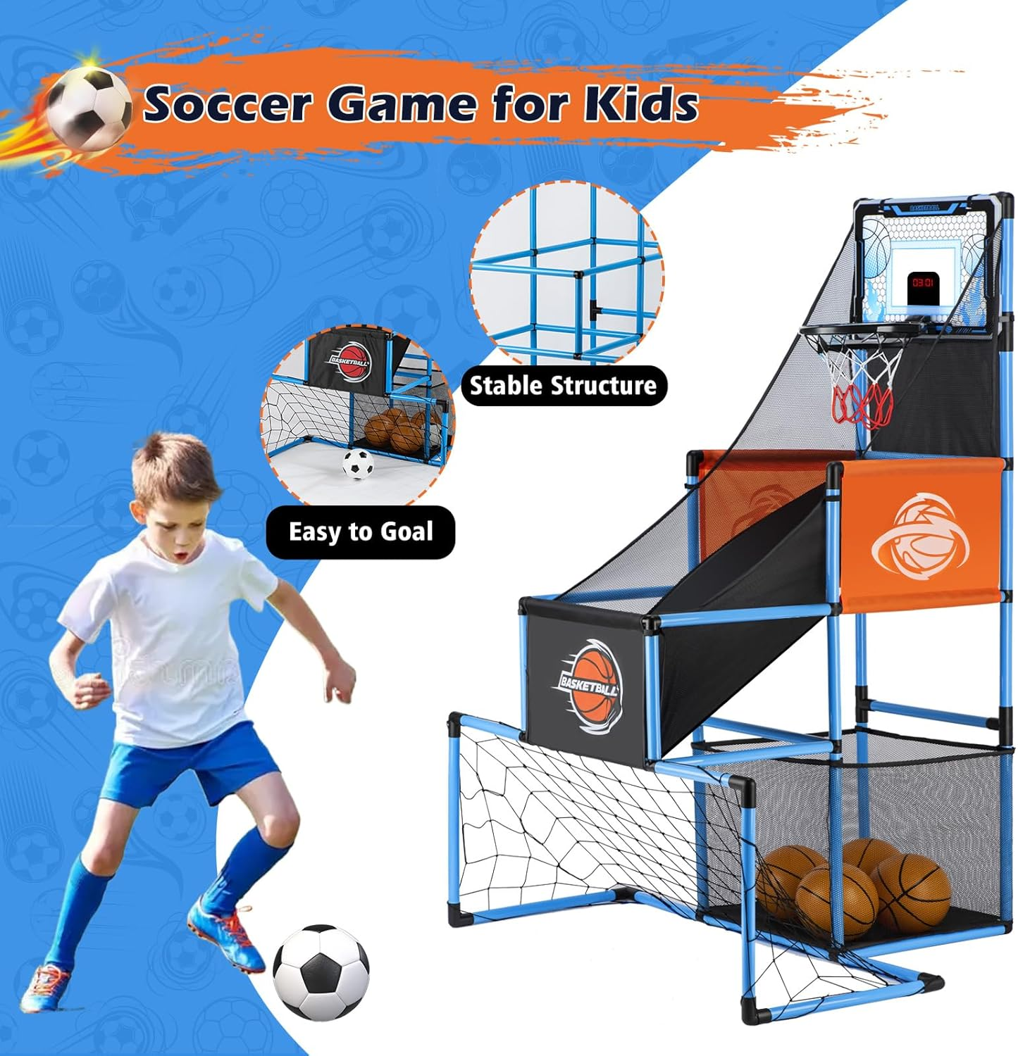 2 in 1 Basketball Arcade Game & Soccer Goal for Kids, Adjustable Kid Basketball Hoop with 6 Balls and Pump, Indoor Outdoor Games for Kid Toys for 3-12 Year Old Kids Birthday Gifts for Boys Girls image number 6