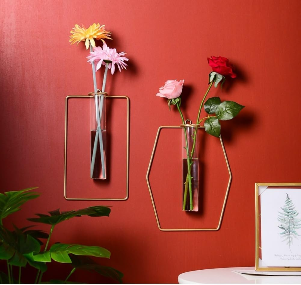 2 Pack Nordic Wall Vase Hanging Geometric Gold Flower Vase Wall Mount Metal Frame Vases Hydroponic Glass Bud Vase Decor for Home Wedding Farmhouse - Coffee image number 6