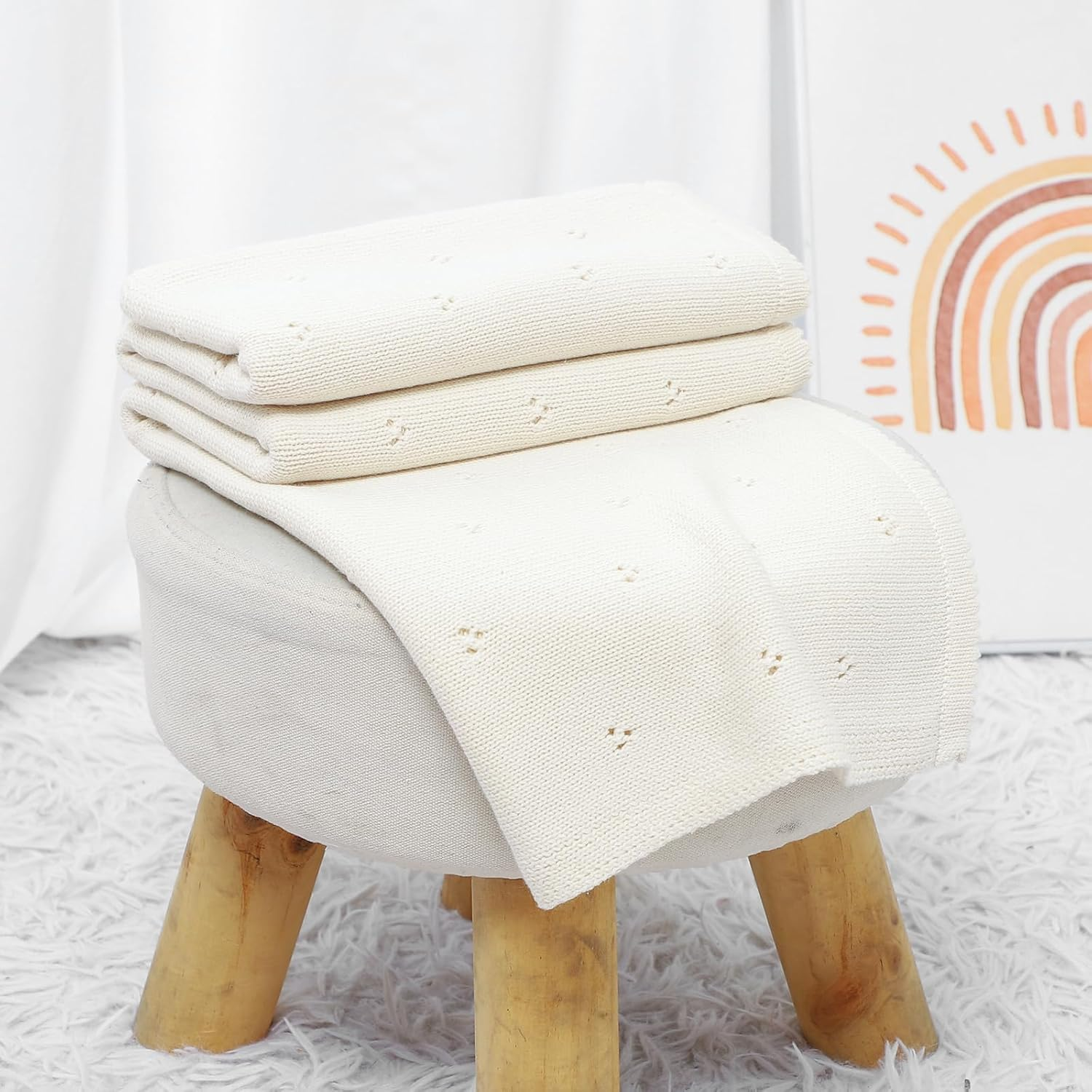 Baby Blanket 100% Cotton Cellular Blanket Baby Soft Cosy Knitted Blanket Cream 100X80Cm image number 1