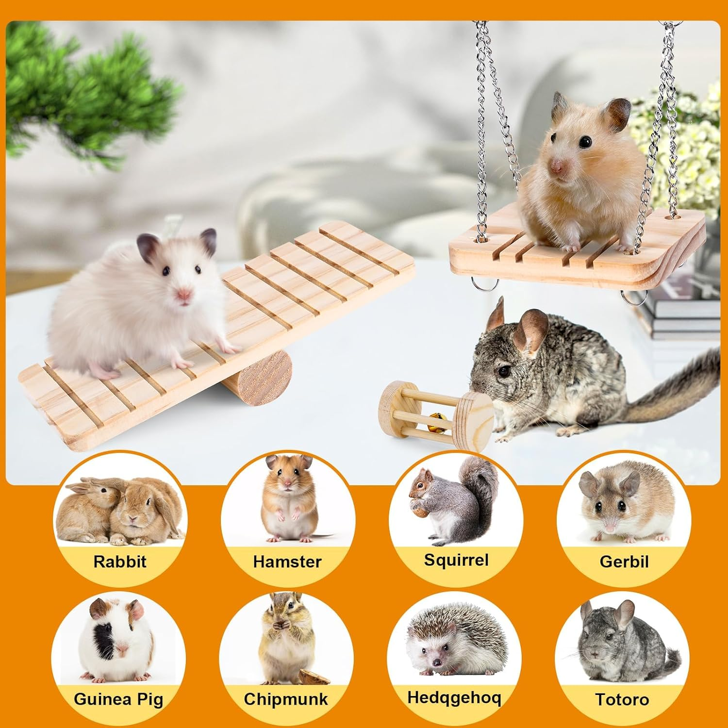Hamster Toys Set, Guinea Pig Toys Rabbit Toys Small Animal Chewing Toy and Rat Cage Accessories, Chinchillas, Gerbils, Rats, Rabbit Rodents Teeth Care, Toy Swing Seesaw Bridge Guinea Pig Tunnel image number 5