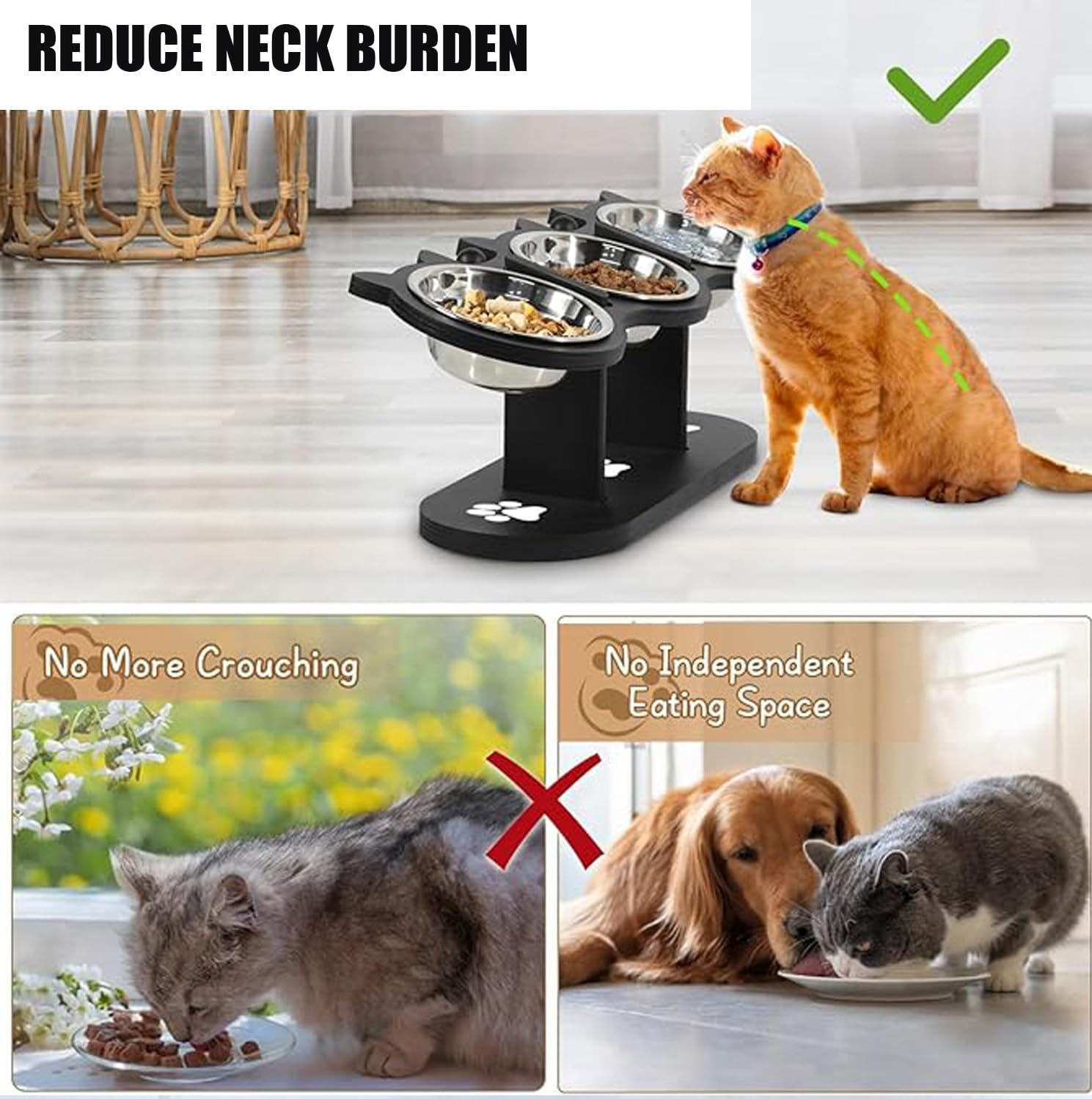 Elevated Cat Bowls - 3 Stainless Steel Elevated Cat Food Dishes with Stand 15&deg; Swivel and a Placemat (Wood)