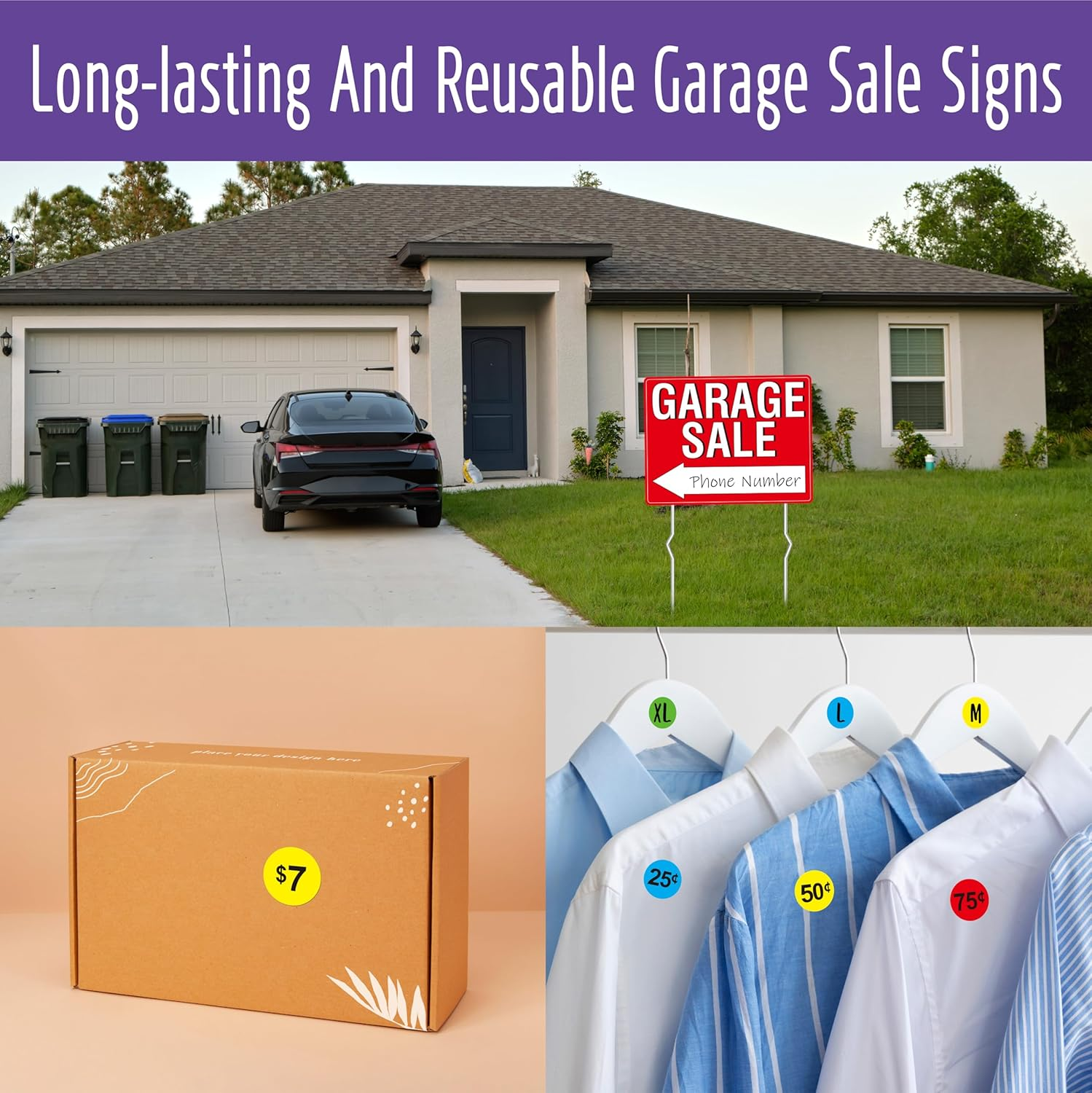 Garage Sale Sign, 3PCS Double Sided Yard Sale Signs with 6 Metal Stakes & 960 Sale Price Labels, Large Font, Fluorescent Neon Color, All-Weather Plastic Sign with Arrow for Garage Sale, Outdoor Estate image number 5
