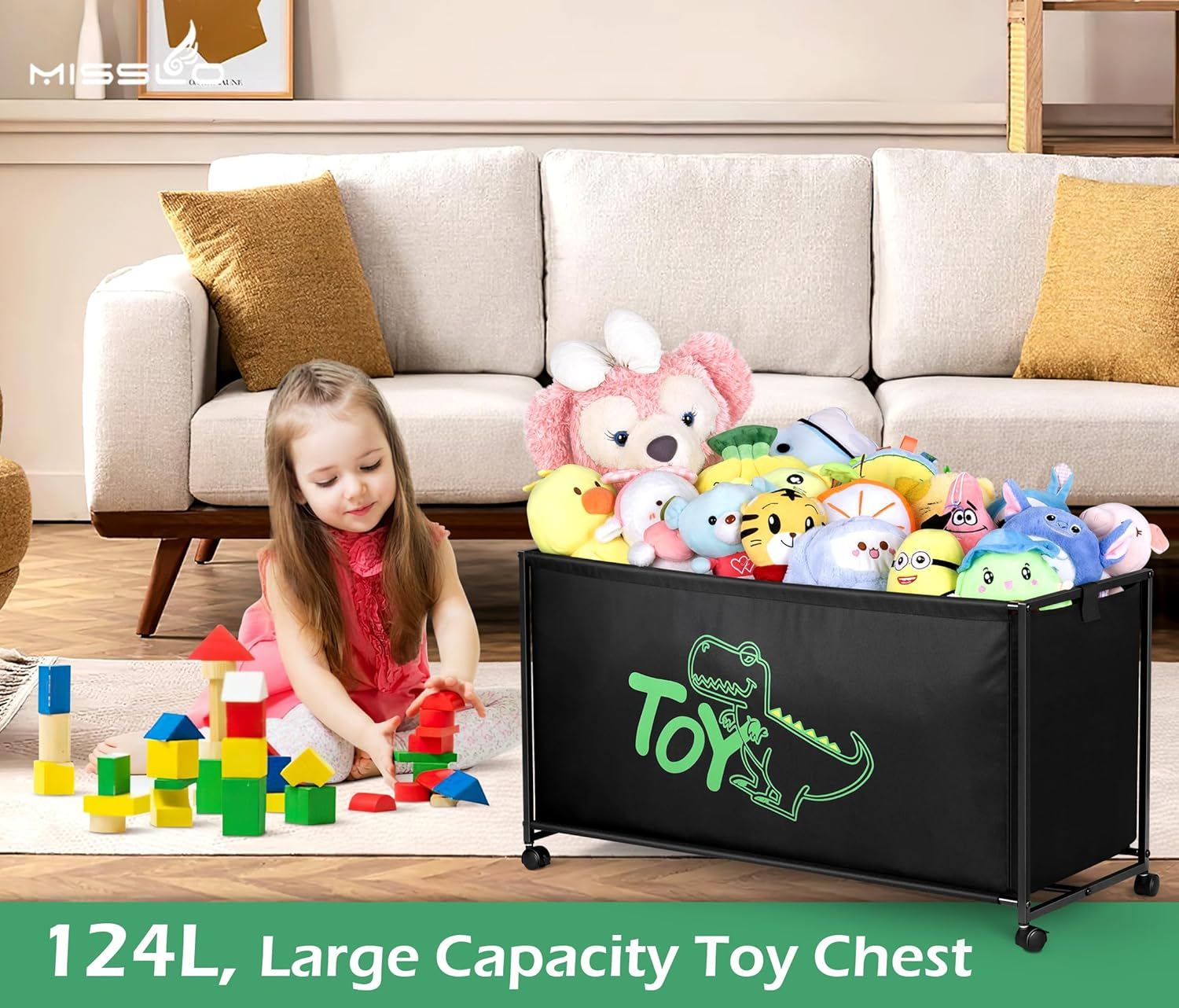 MISSLO Large Toy Box with Wheels Big Toy Chest for Kids Organizer Toy Storage Bin, 124L, Black image number 4