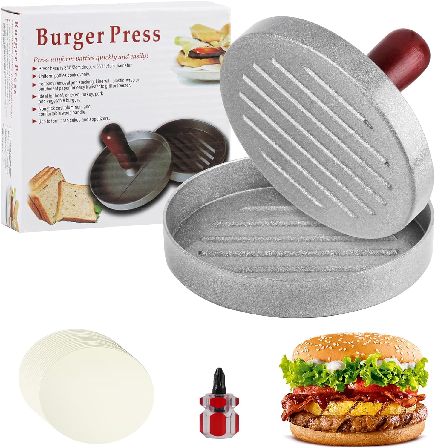 Burger Press, Hamburger Patty Press, Burger Pattie Press, Aluminium Burger Patty Maker Mould, Hamburger Patty Maker Non-Stick for BBQ Patties Hamburger Maker, with 100 Silicone Paper image number 1