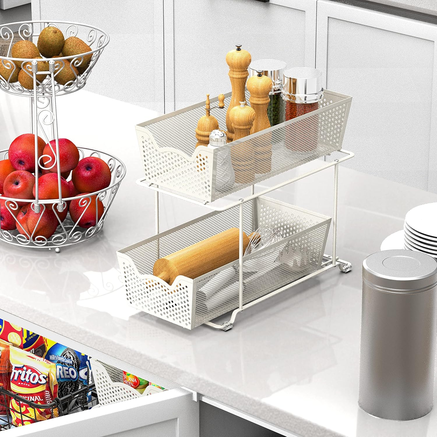 Simplehouseware 2 Pack 2 Tier Pull Out Sliding Drawer for under Sink Storage and Pantry Organiser, White image number 2