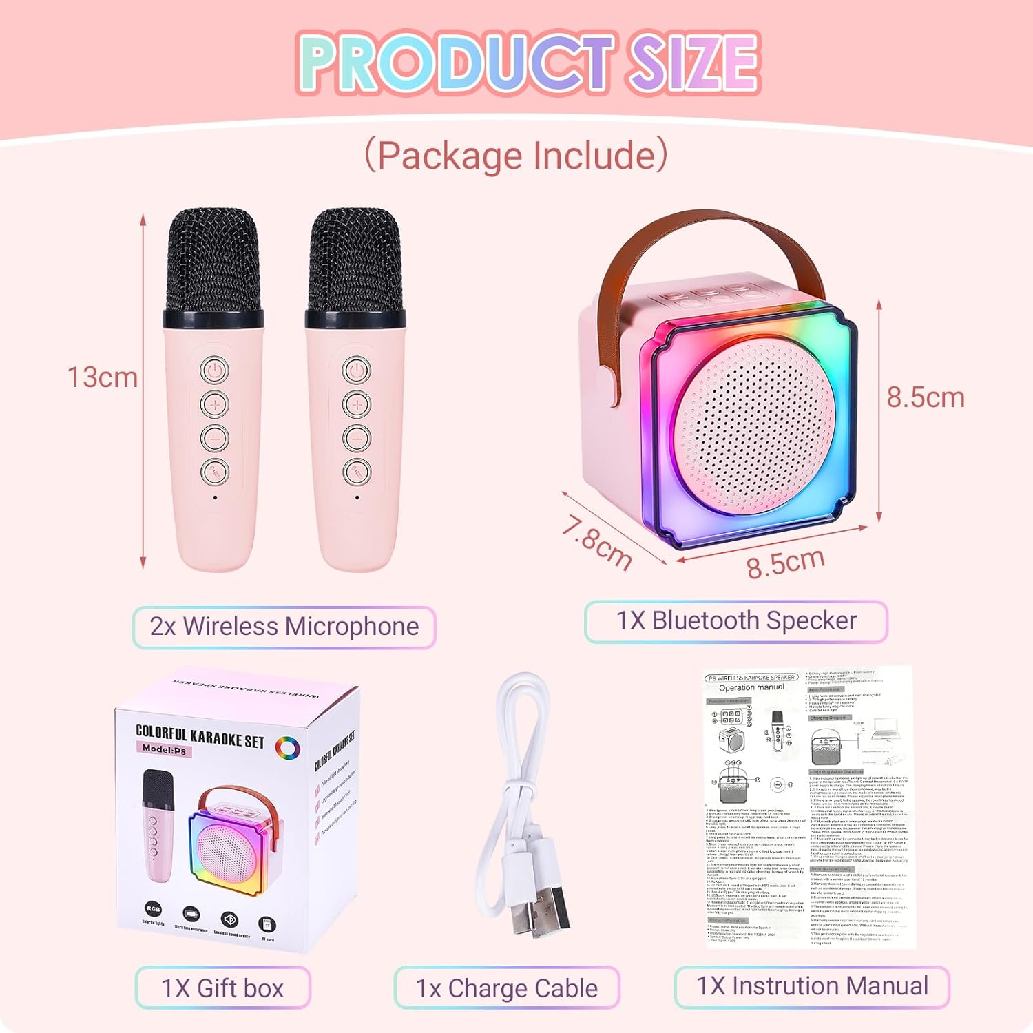 Portable Kids Karaoke Machine with 2 Wireless Microphone, Karaoke Microphone Machine Toy, Mini Bluetooth Speaker Gift with Colorful Lights for Teen Girls Boys Family Home Party Pink image number 1