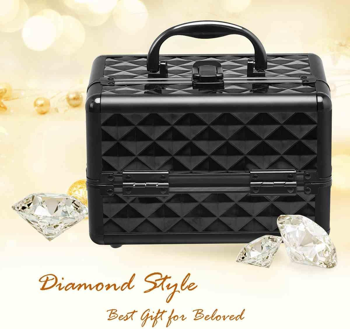 Cosmetic Beauty Case, Portable Lockable Makeup Jewelry Organizer, Travel Makeup Storage Box W/Mirror, Diamond Rose Gold, for Home Travel Gift (Black) image number 3