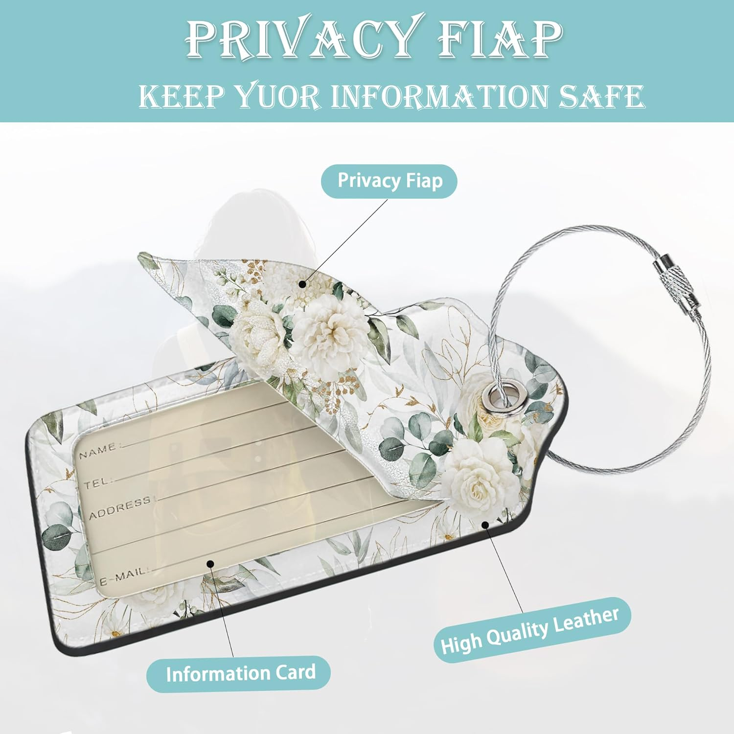 SKYDAWNY Flowers 2 Pack Leather Luggage Tags for Suitcase,Rose Peony Green Leaves Travel Cruise Baggage Tag for Women Men Luggages Bag with Privacy Cover Name ID Label Stainless Steel Loop image number 3