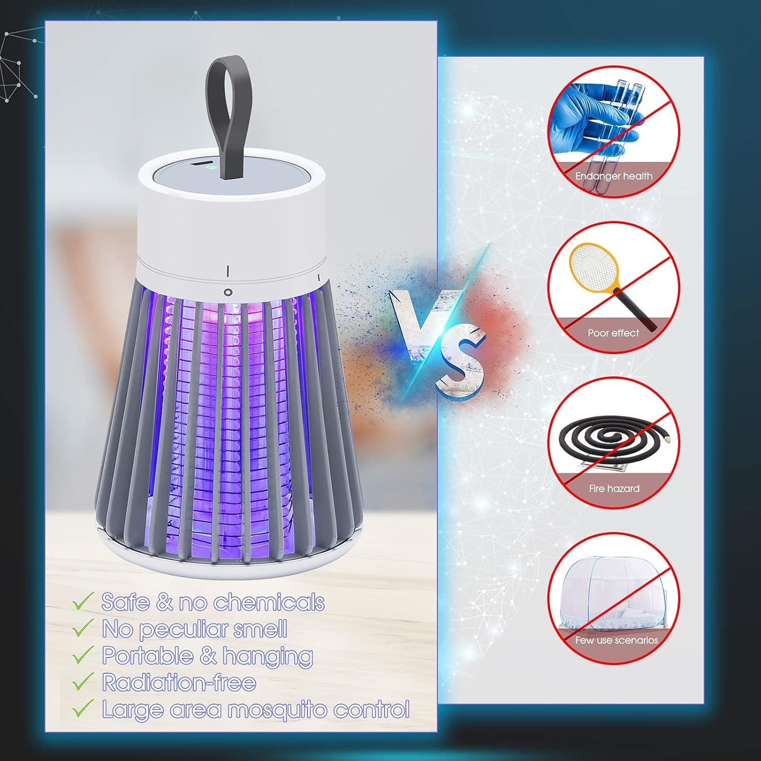 Portable Bug Zapper, LED Fly Trap with Purple Light, 6-Hour Battery Life, Indoor Outdoor Mosquito Killer, Grey image number 4