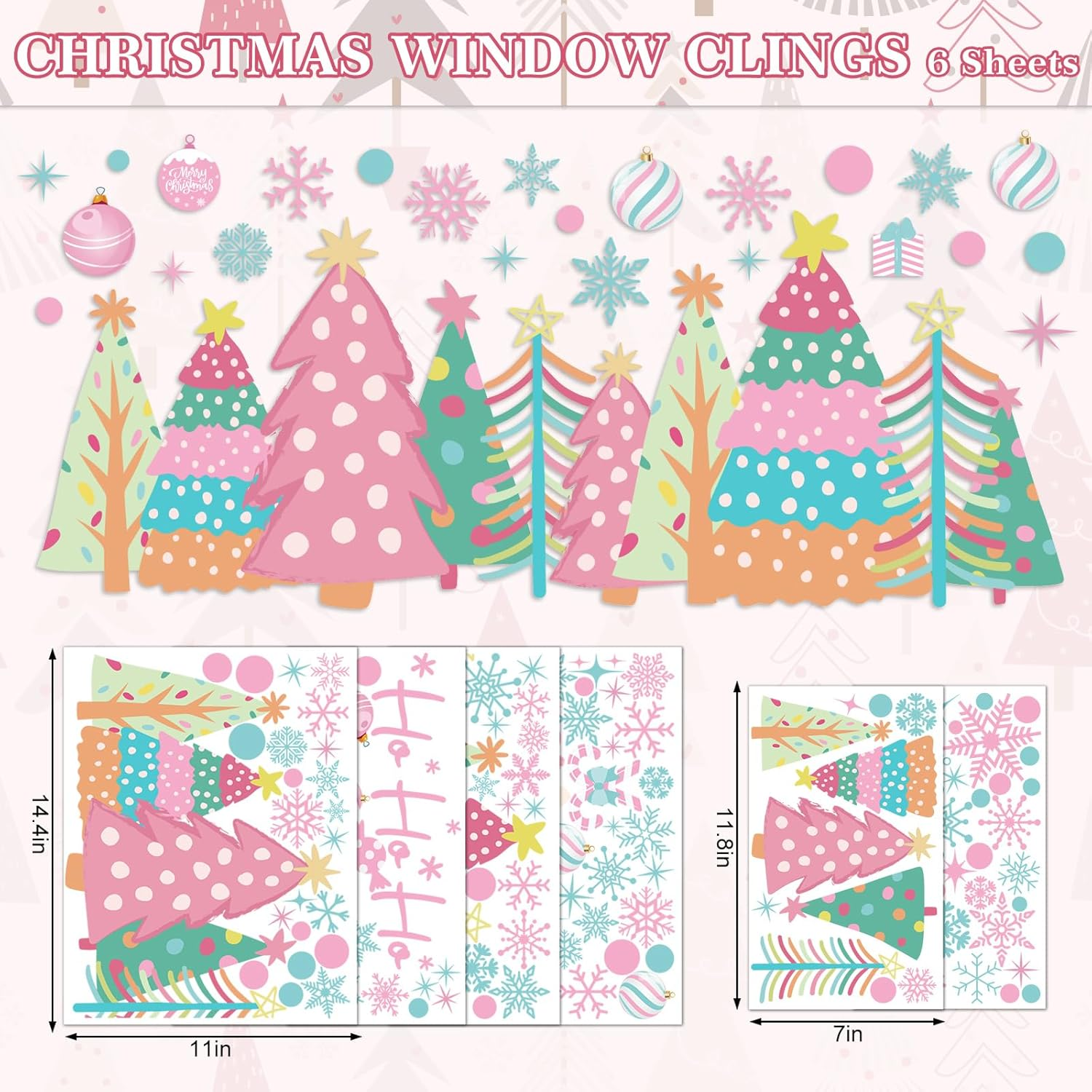 Whaline 6 Sheet Pink Christmas Window Clings Pink-Green Xmas Tree Snowflake Santa Reindeer Reusable Window Decals for Winter Holiday Home Glass Party Decor