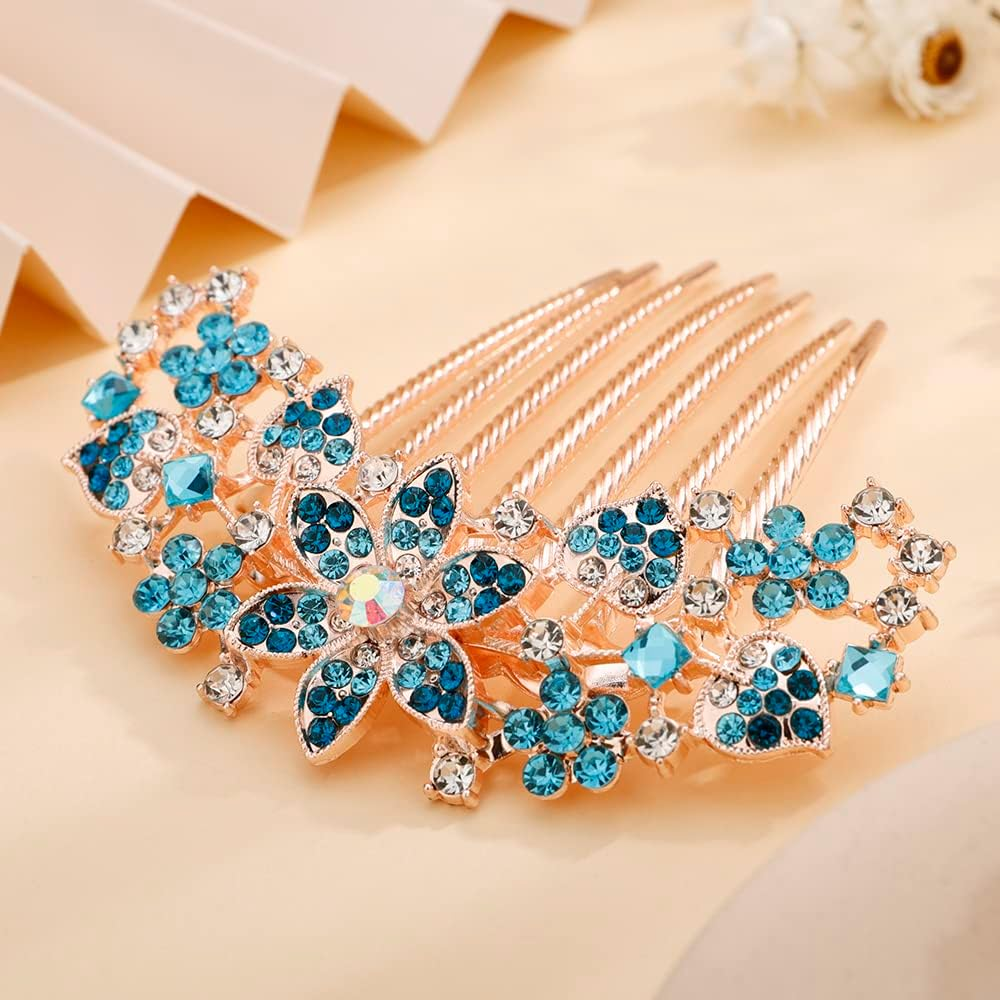 Jumwrit Crystal Bride Wedding Hair Comb Love Heart Leaf Colorful Rhinestone Flower Hair Side Comb Rose Gold Hair Clip Comb Floral Vintage Bridesmaid Headpiece Bridal Hair Jewelry for Women Girls(Blue) image number 1