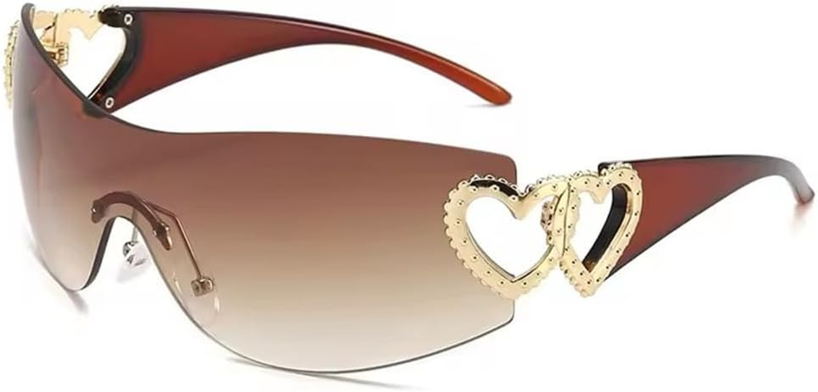 JRLLFD One-Piece Sunglasses Rimless Glassess with Double Love Heart-Shaped Pink Gradient Wrap around Sun Glasses